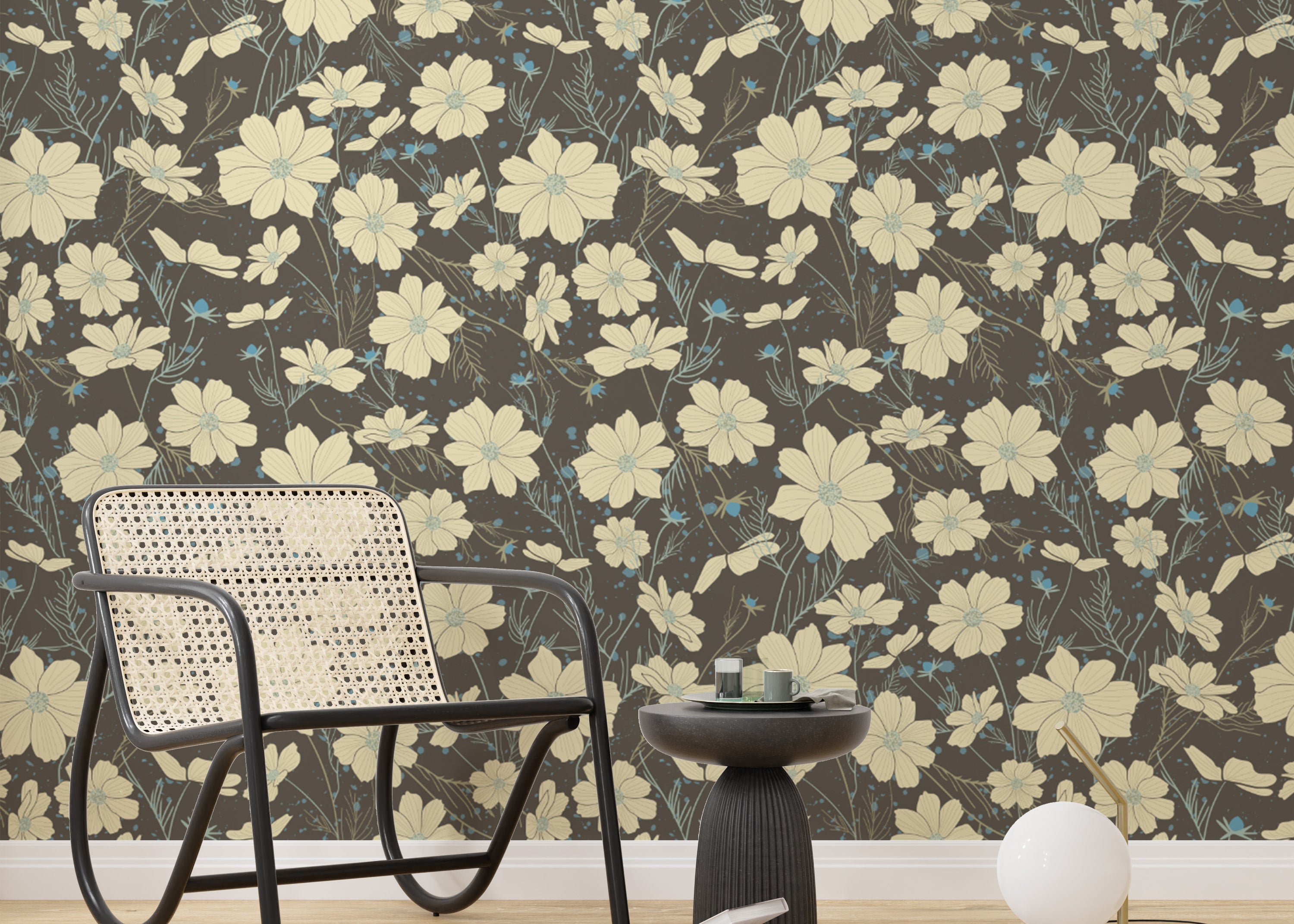 Delicate cosmos flower wallpaper in subtle gray tones.
