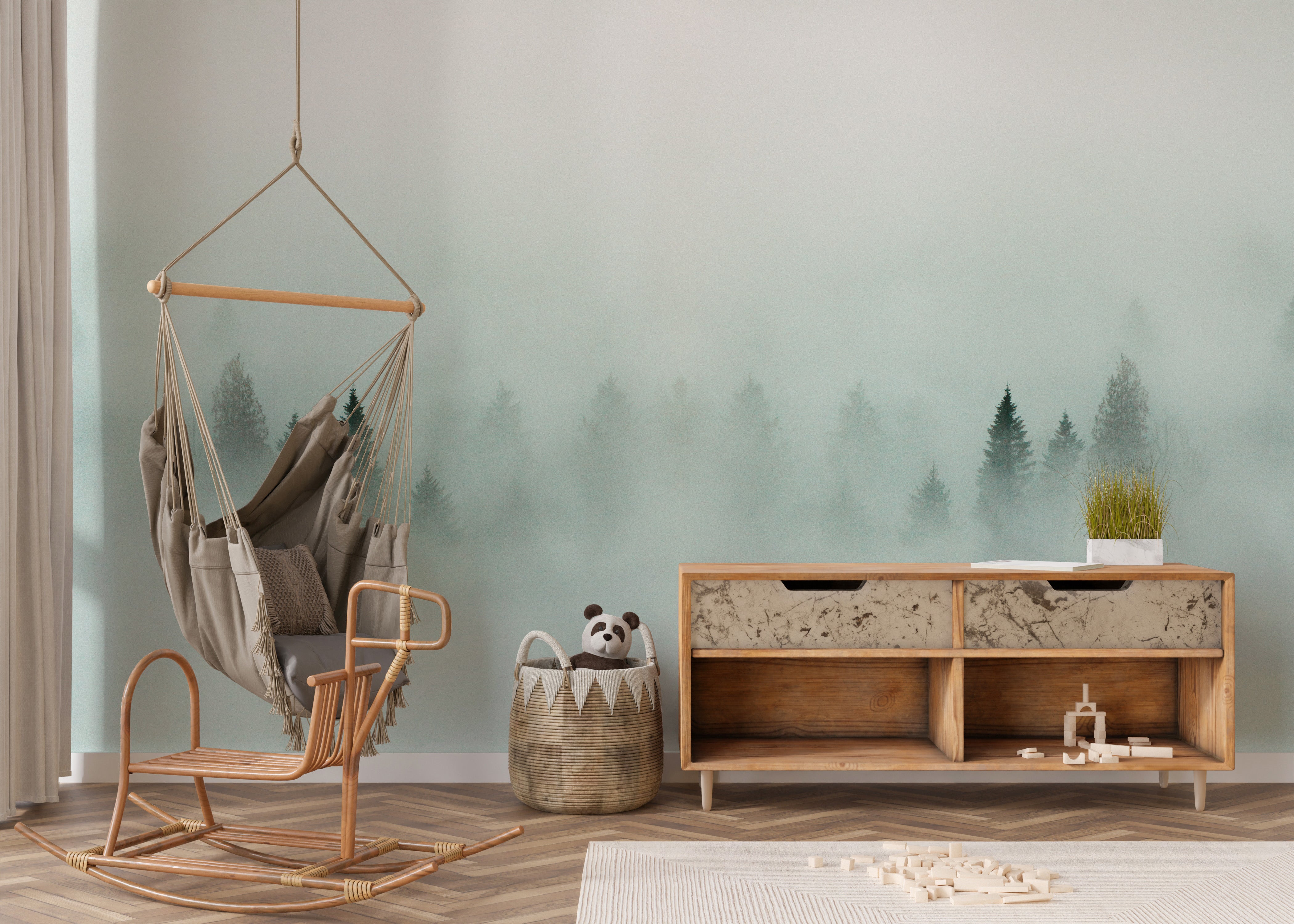 Mystical foggy forest mural creating a calming natural ambiance.
