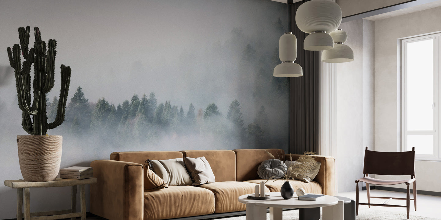 Dense foggy pine forest wallpaper mural design
