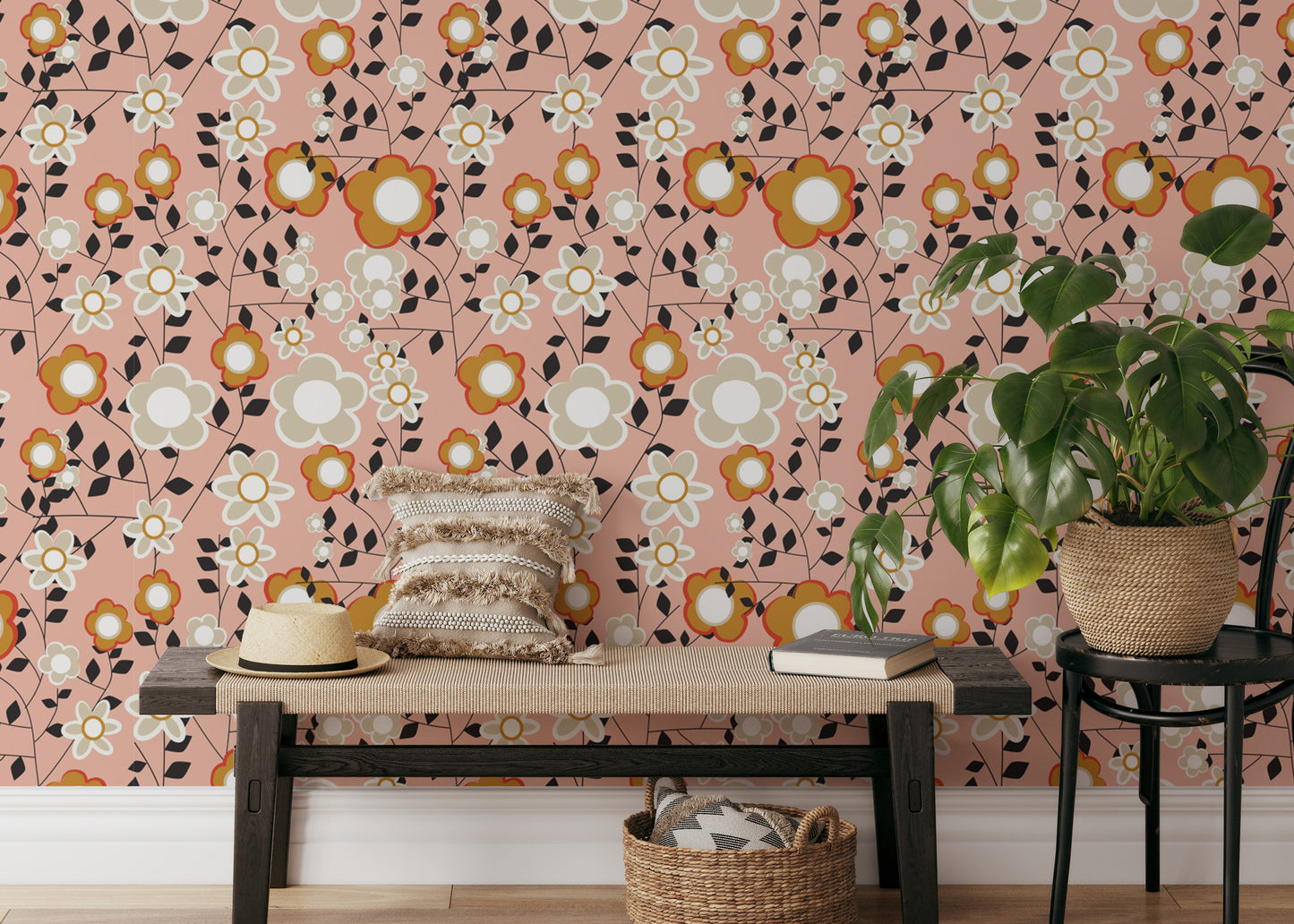 Light pink flower mural with bold patterns
