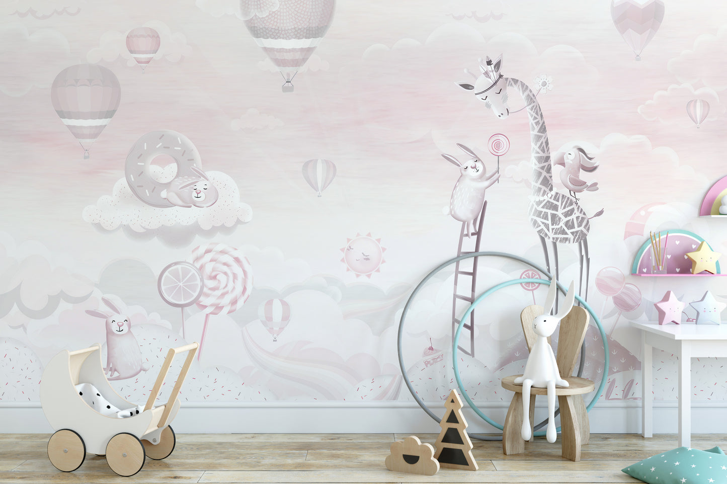 Vibrant candy-themed wall mural in pink tones
