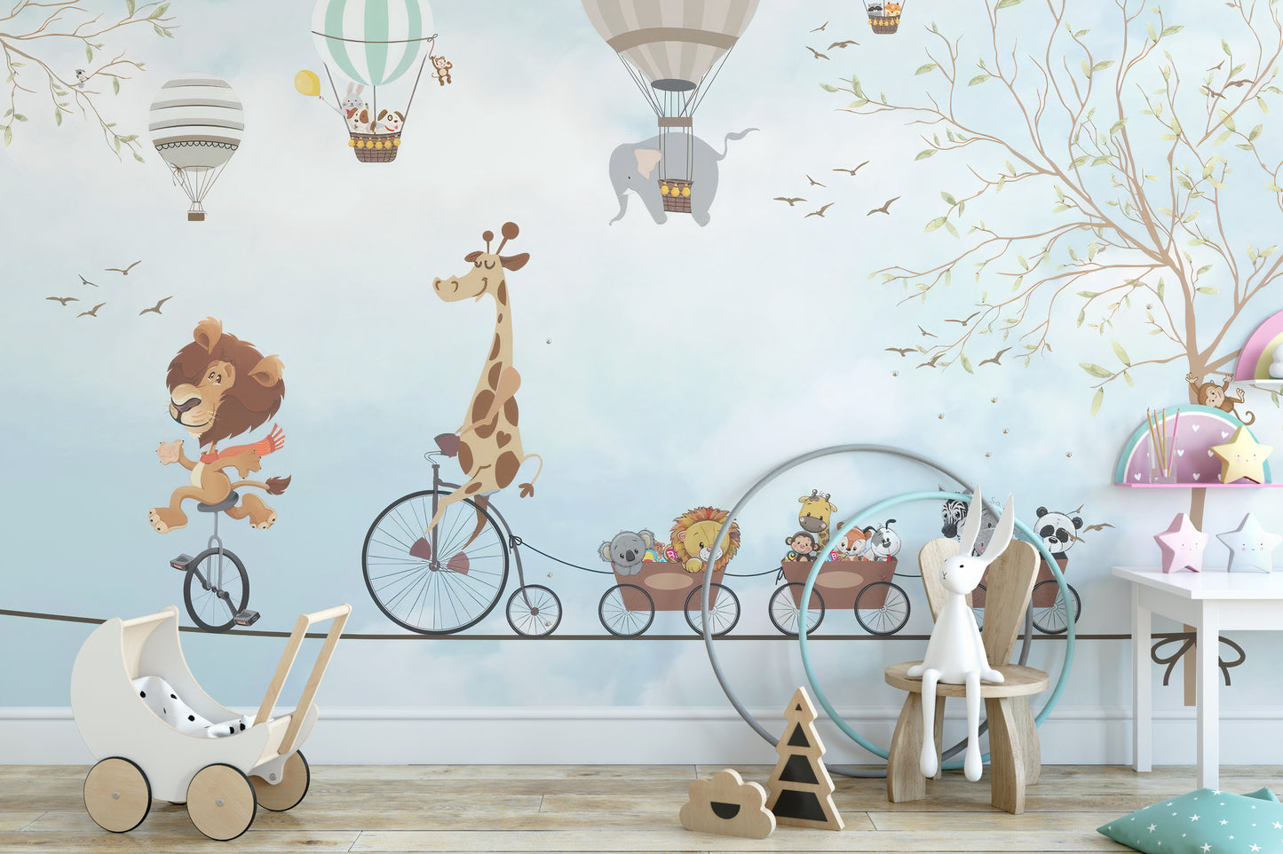 Animals on Tightrope Cycling Under Skies Wallpaper