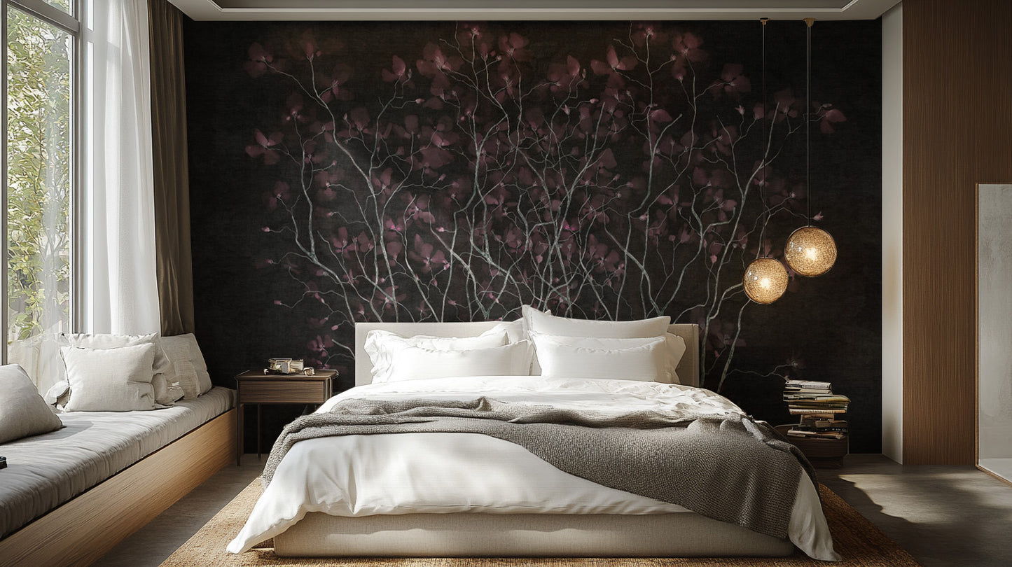 Floral illusion mural featuring rich nightshade-inspired tones.