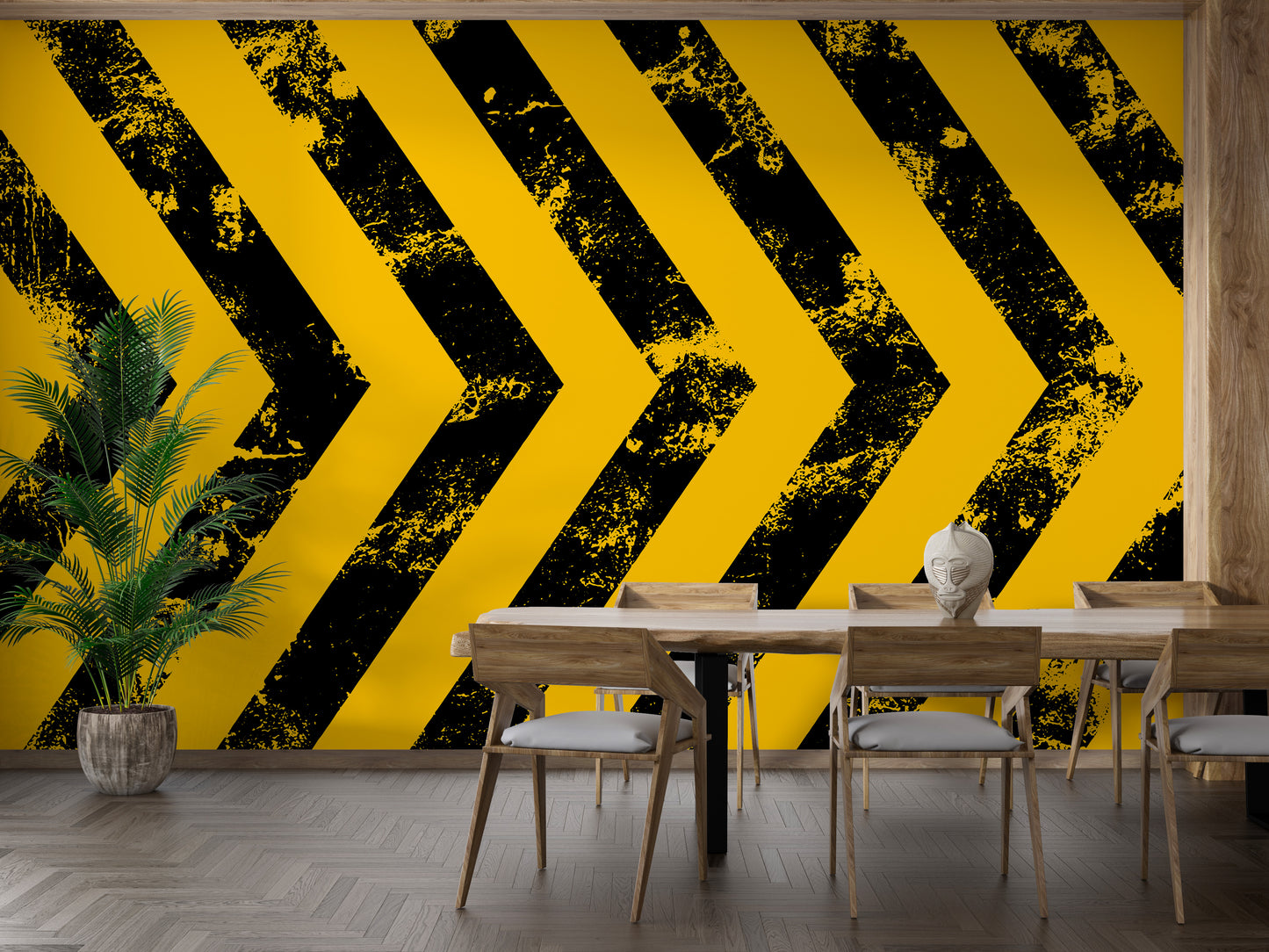 Distressed yellow hazard stripes mural
