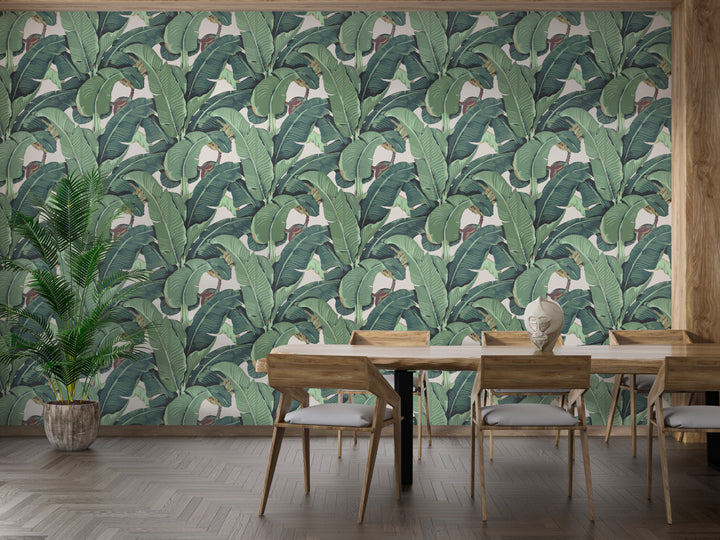 Lush green banana leaf pattern wallpaper
