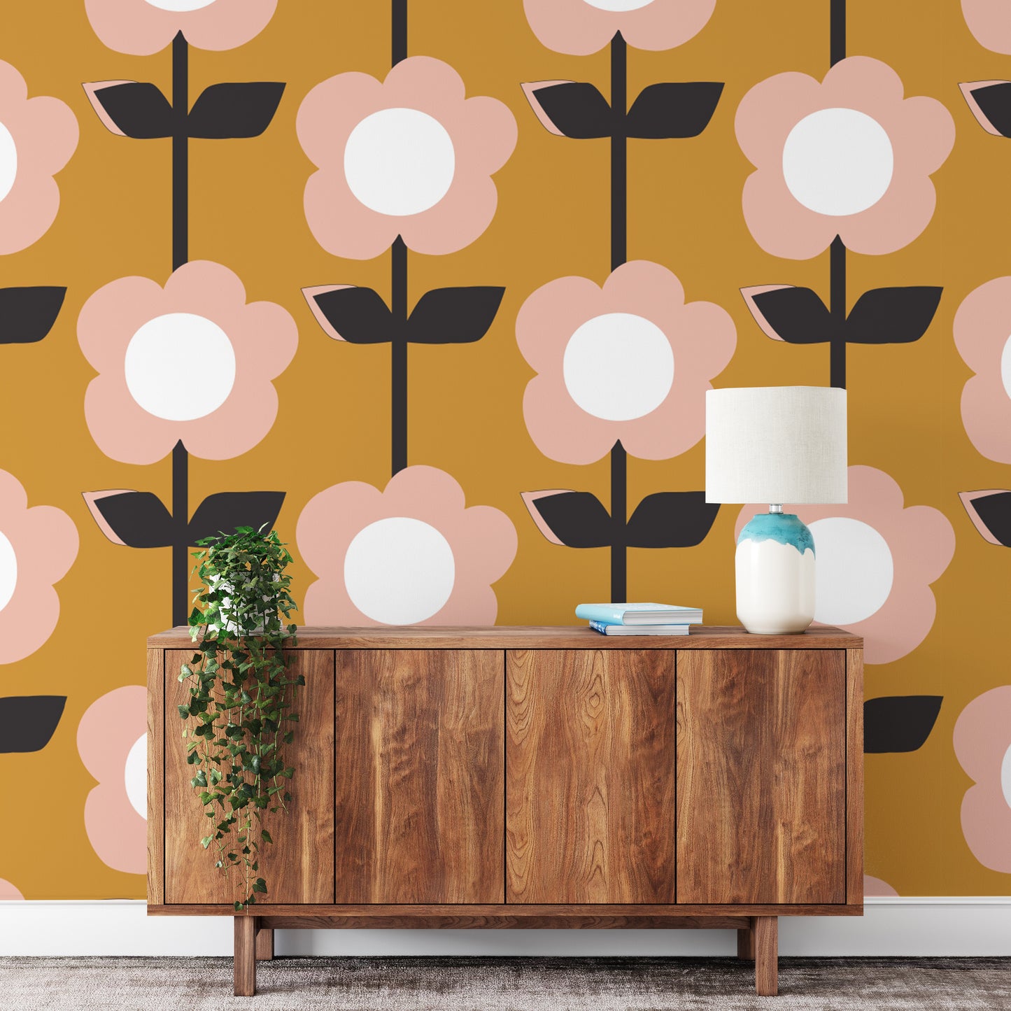 Flower Mustard Design Retro Wallpaper for lively decor