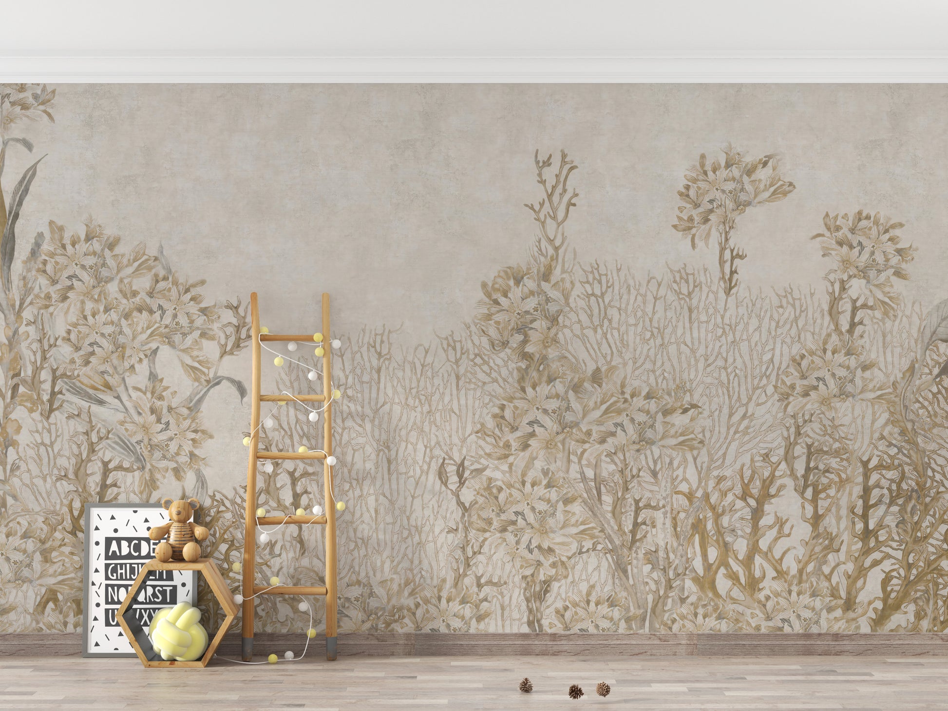 Elegant sepia flowers wall mural design
