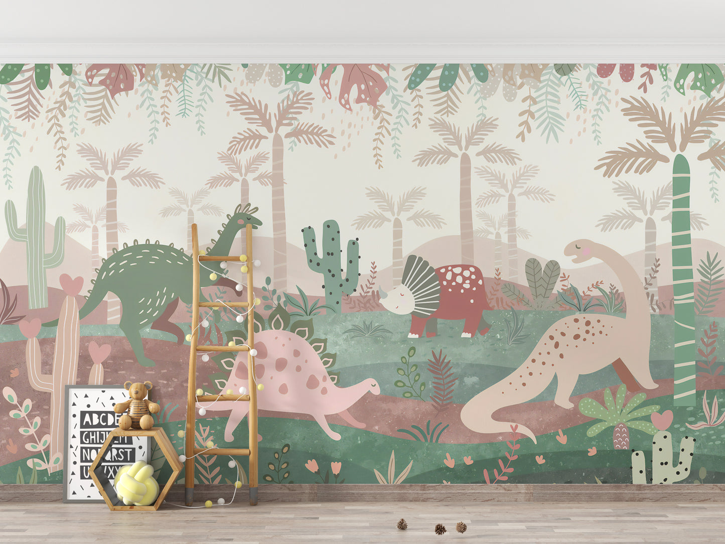 Green & Pink Color Dinosaurs Enjoying Wallpaper Mural