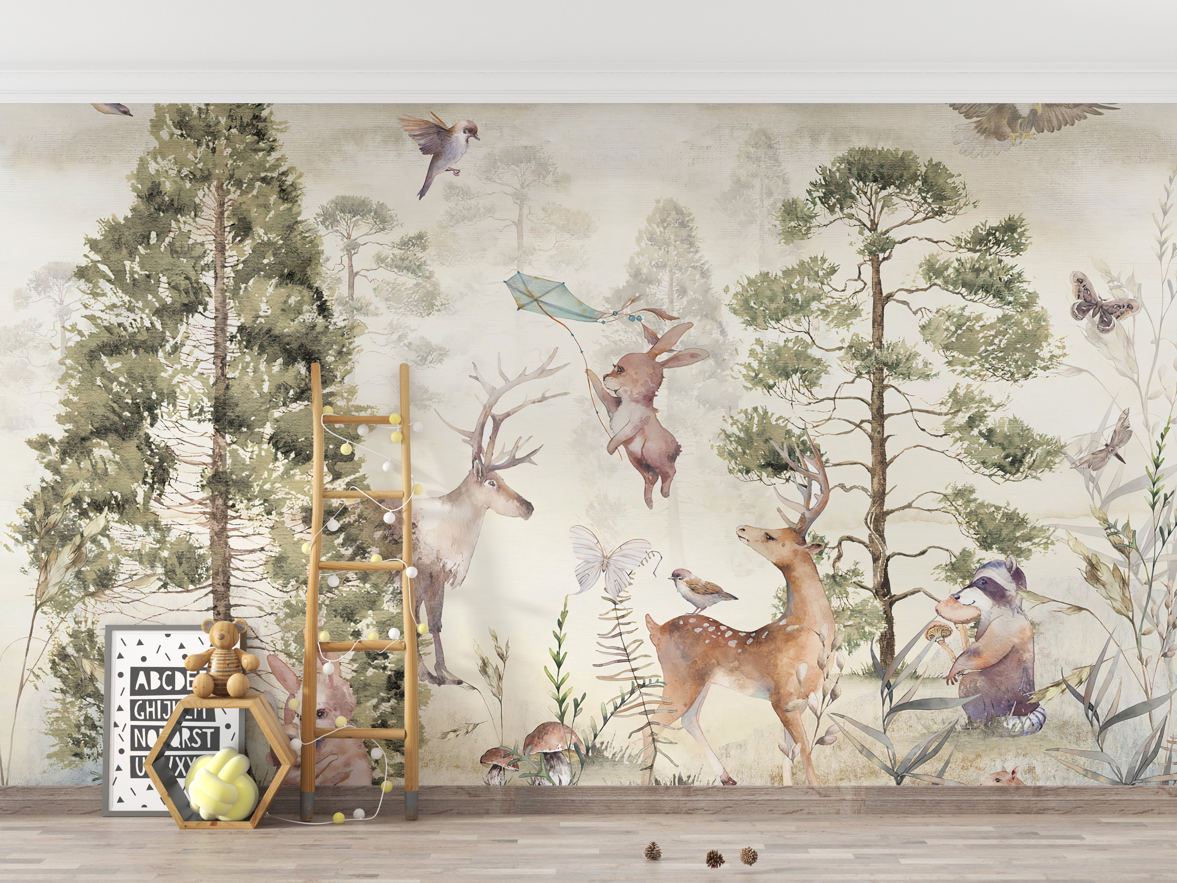 Vibrant animals and deer wall mural tones
