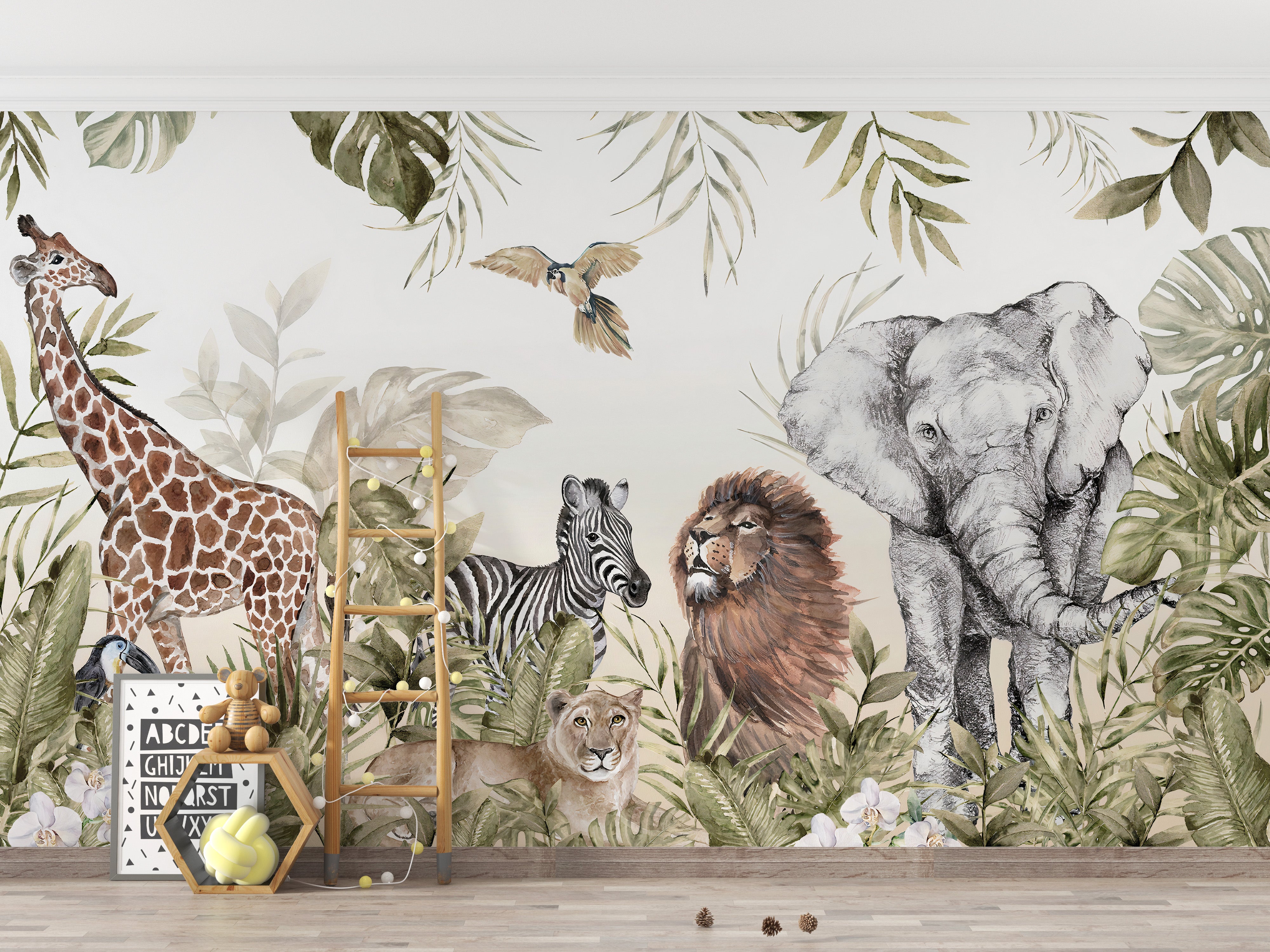 Artistic Jungle Animal Wallpaper with Watercolor Design
