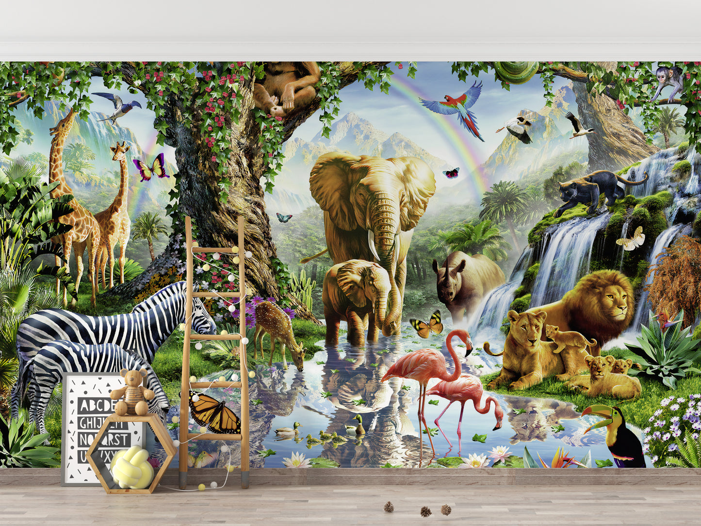 Vibrant Wild Animals in a jungle Wallpaper