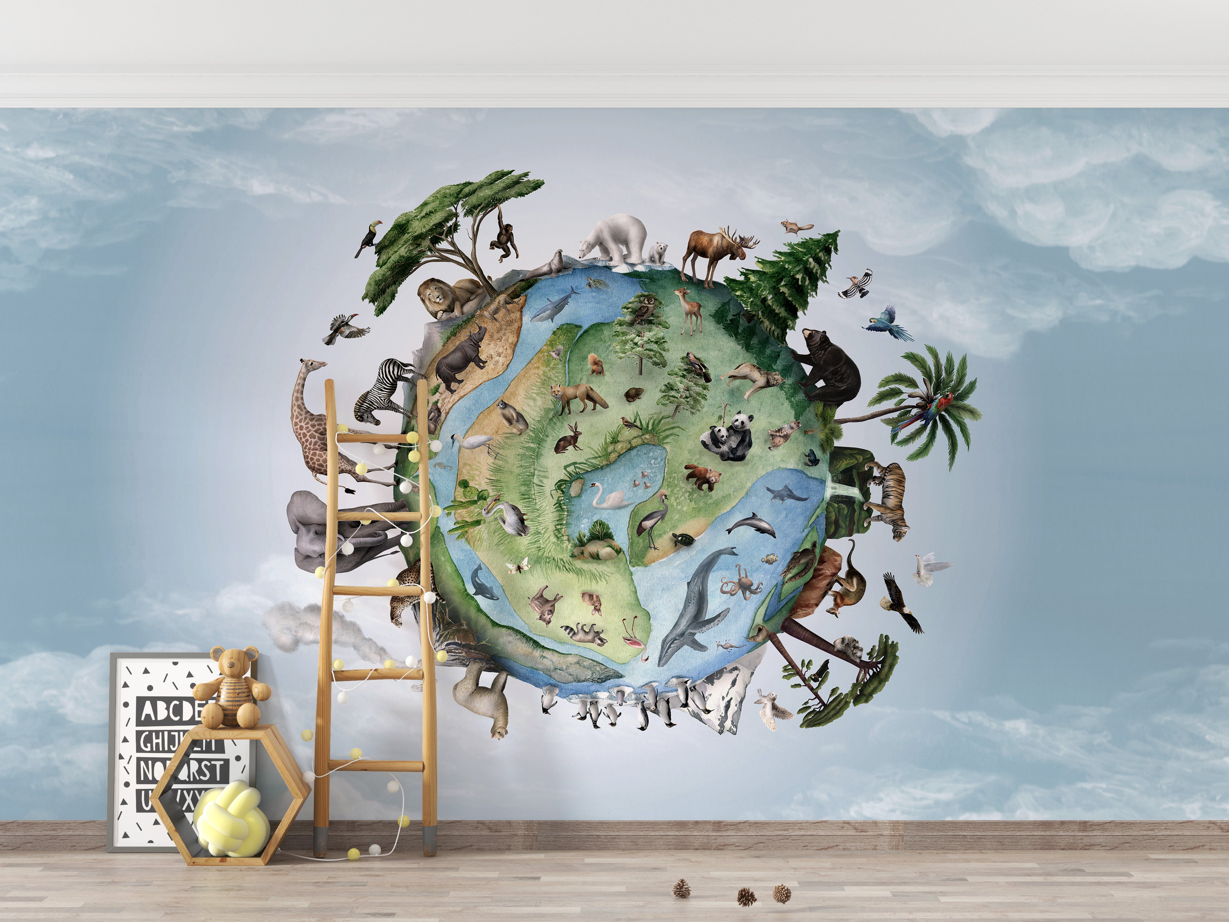 Wildlife around Earth design with vibrant animal details