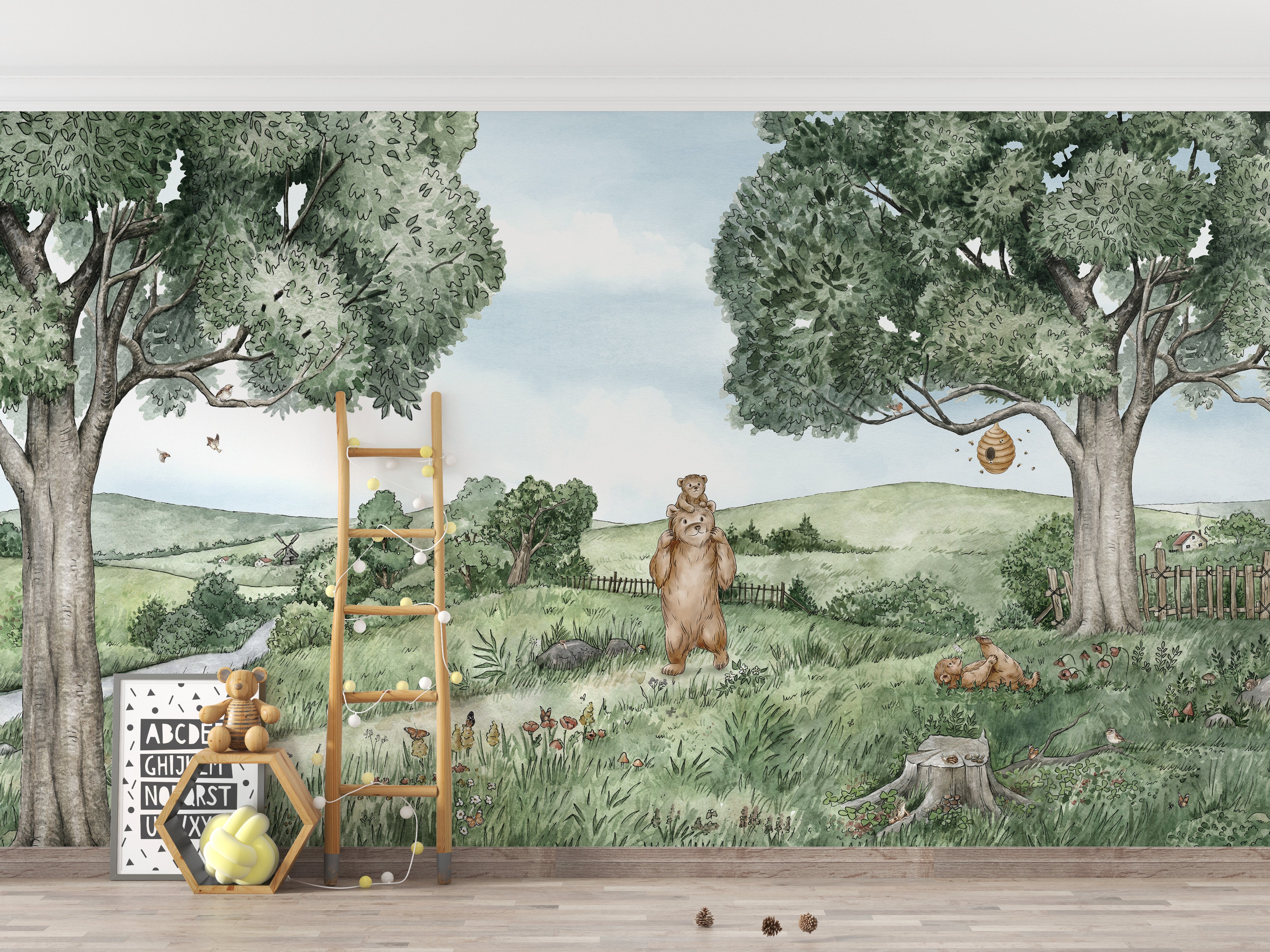 Bear and bees-themed wallpaper mural for kids' room decor