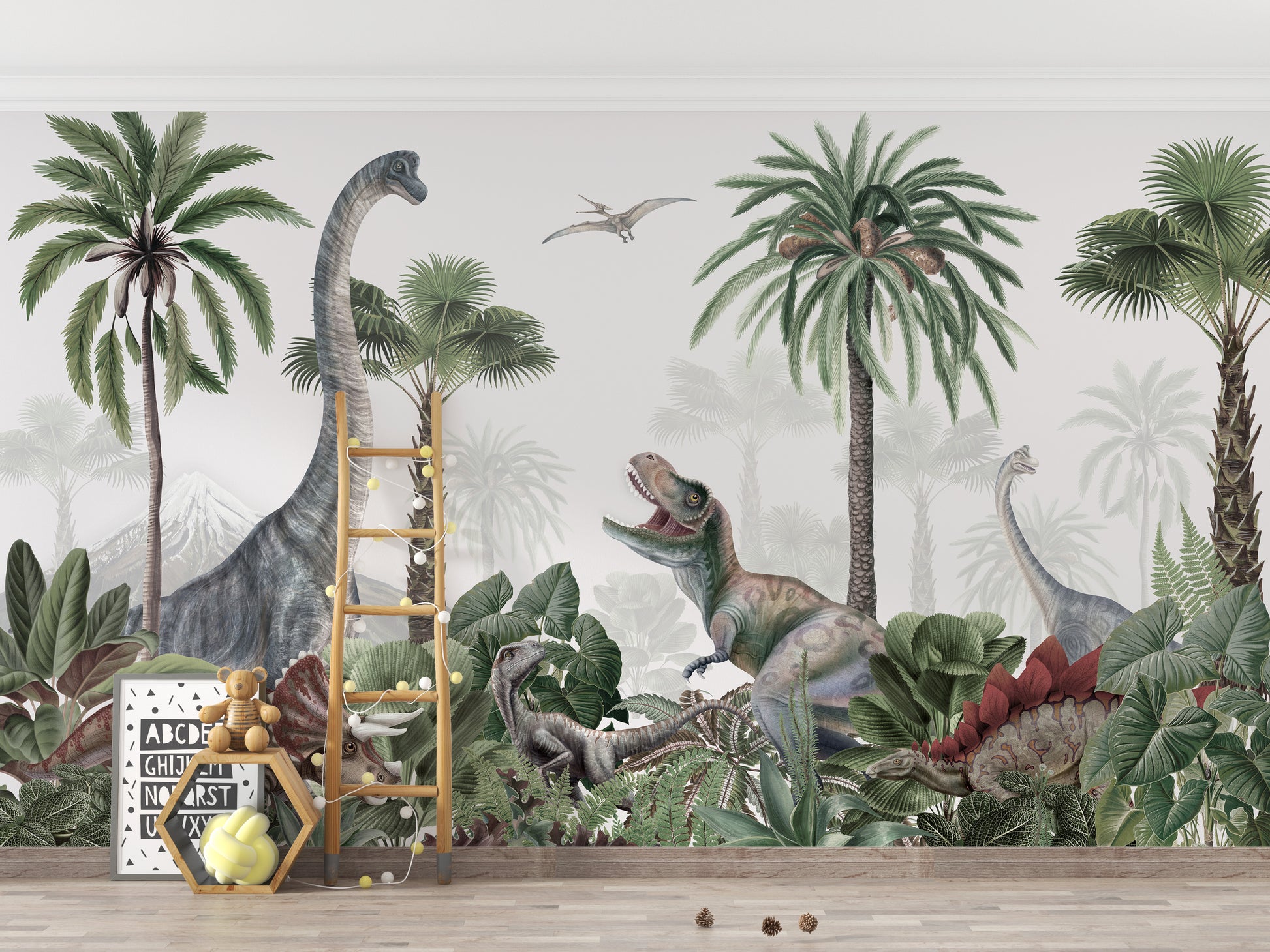 Prehistoric dinosaur wallpaper for walls with palm trees