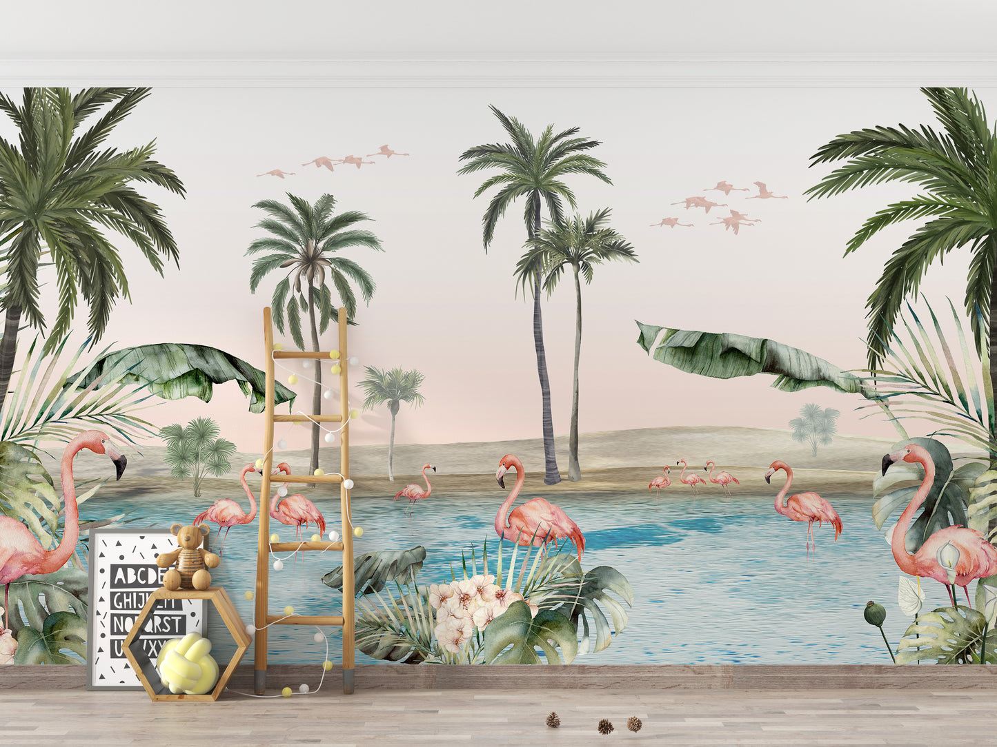 Flamingo oasis with pink background wallpaper