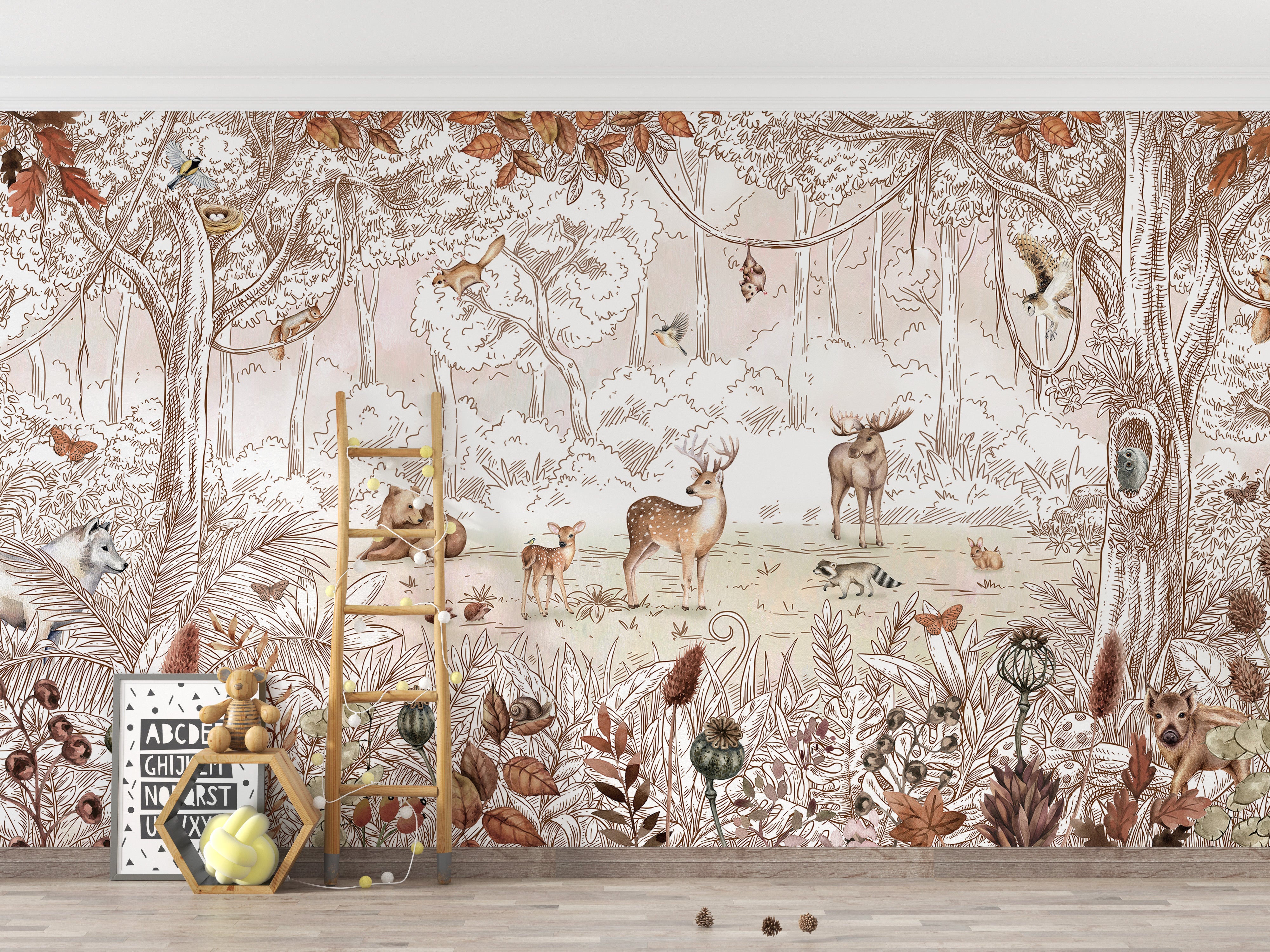 Woodland animals wallpaper mural with autumn forest vibes