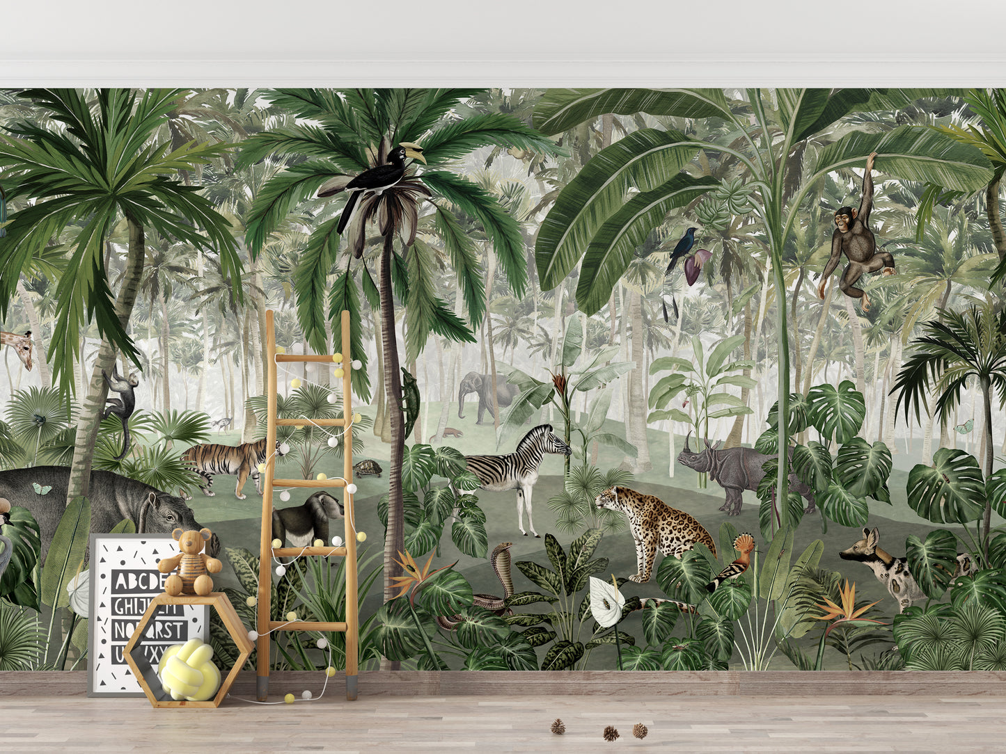 Playful jungle mural wallpaper for nursery decor