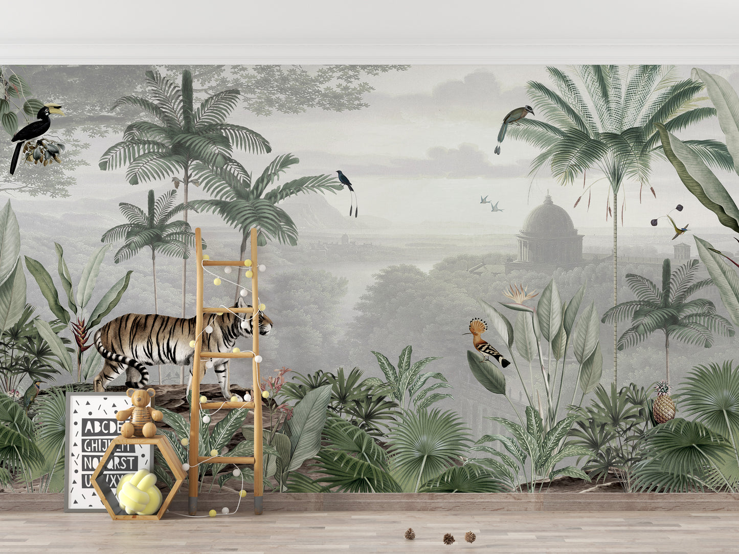 Self-adhesive wallpaper featuring tropical tiger design