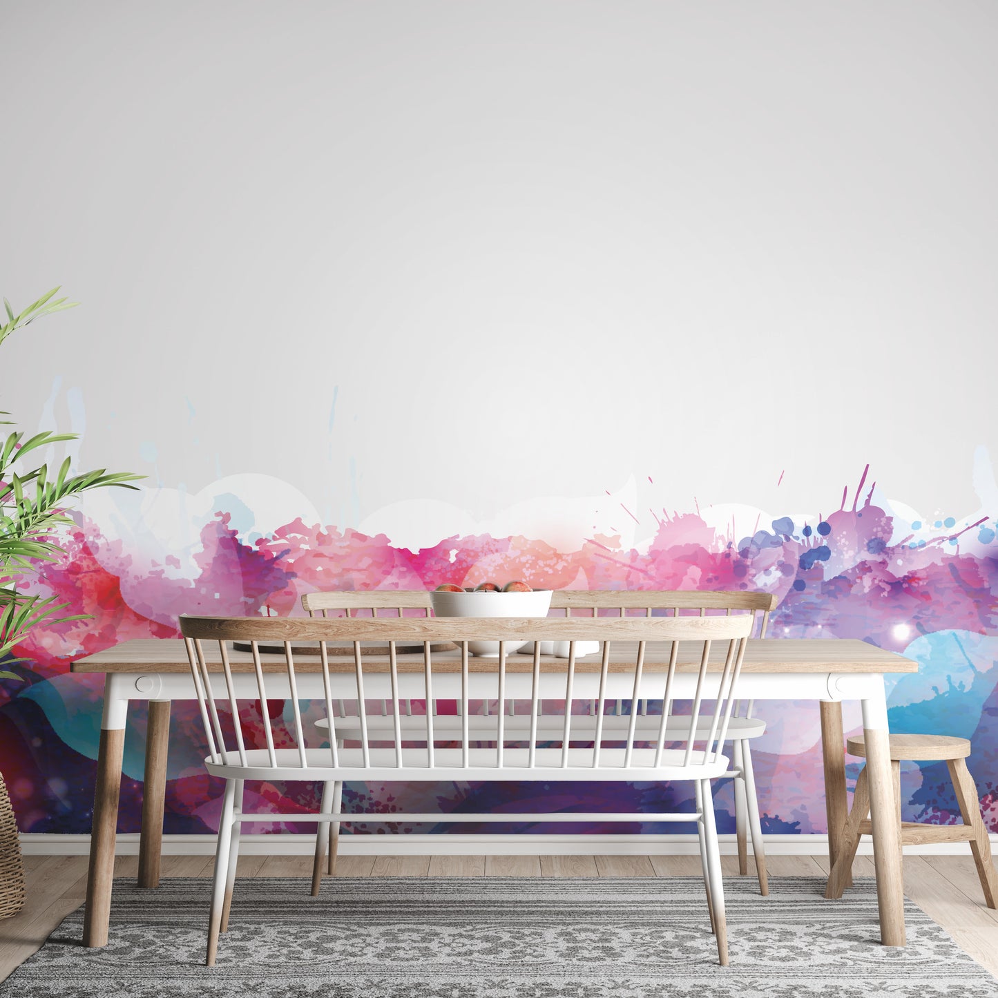 Watercolor-inspired abstract colorful leaves mural for walls.
