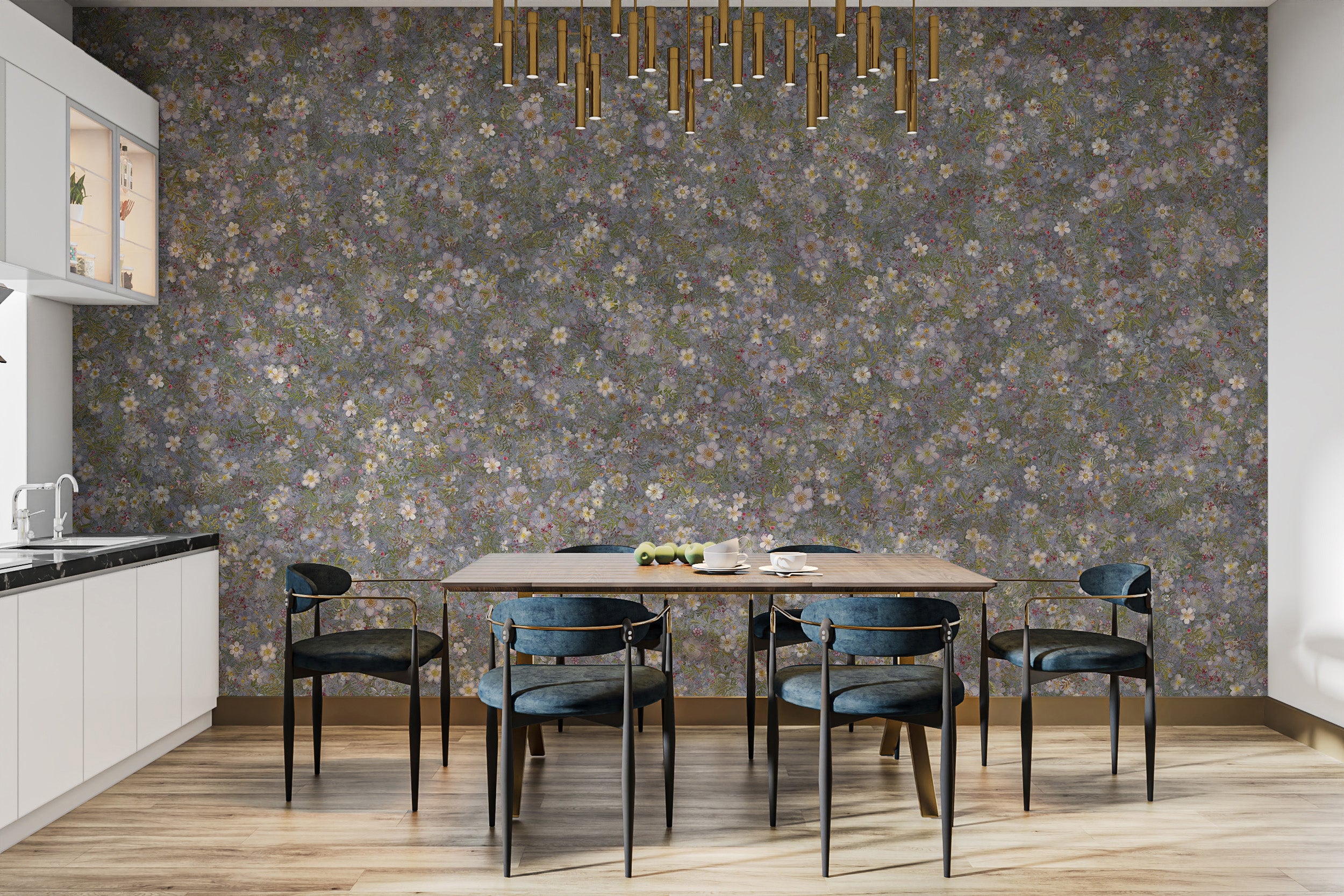 Nature-inspired wildflower wallpaper mural dining area
