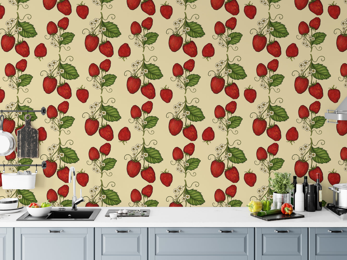 Elegant red strawberry wallpaper perfect for statement walls.
