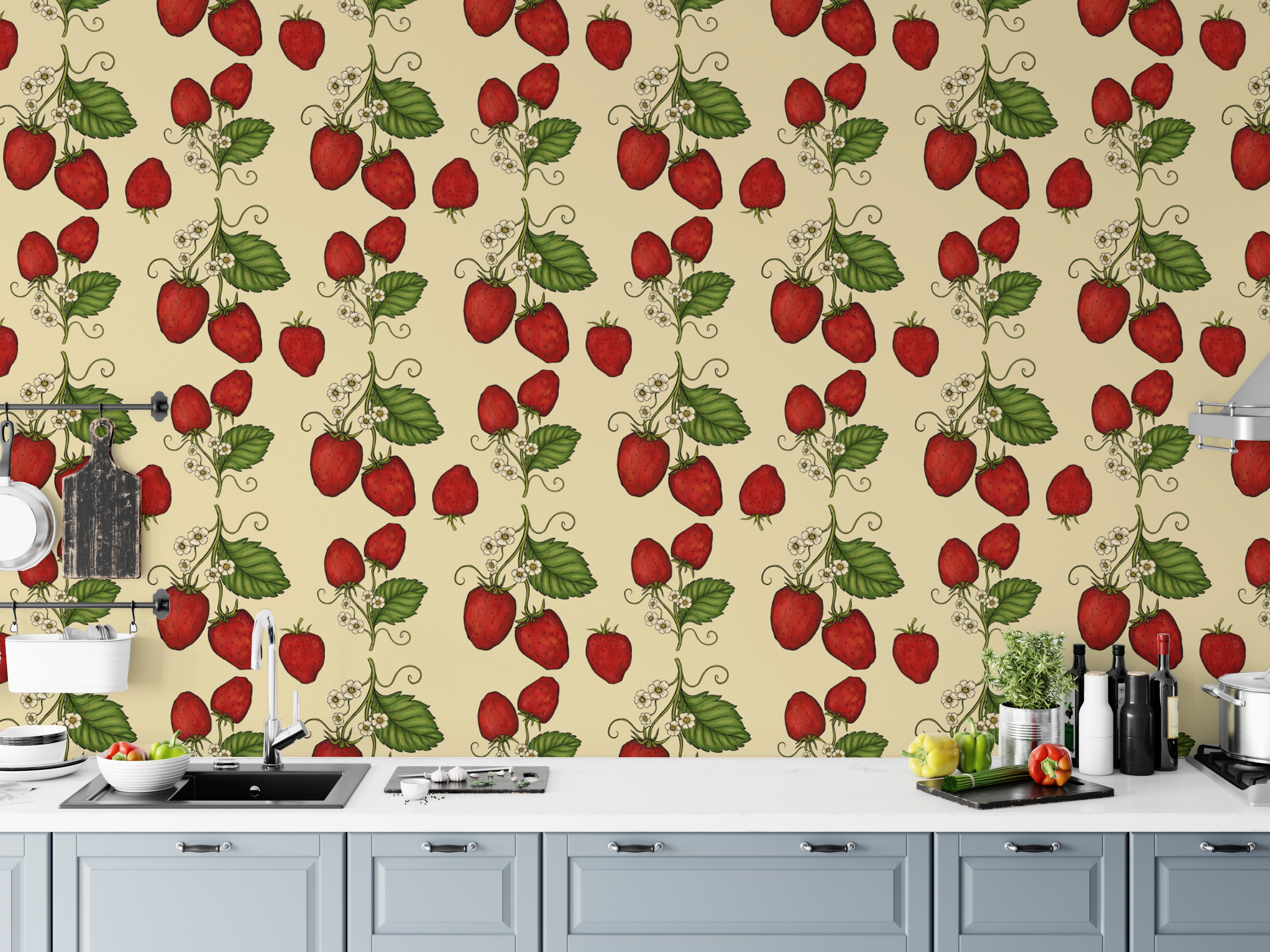 Elegant red strawberry wallpaper perfect for statement walls.
