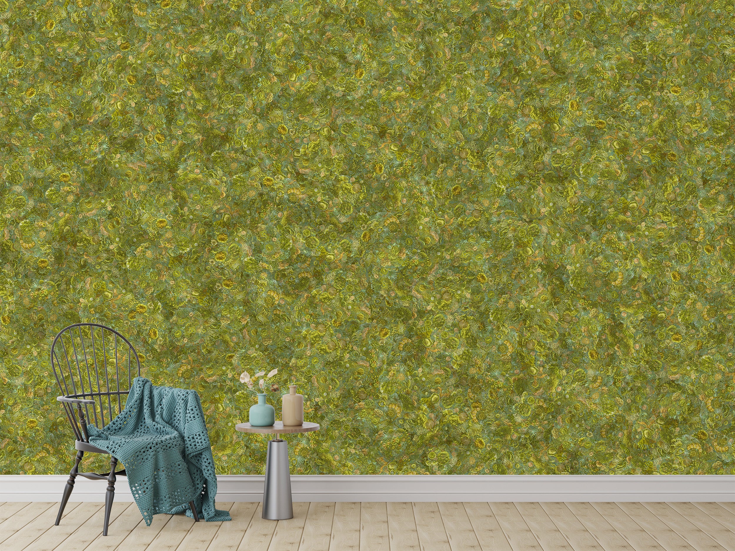 Embroidered moss green wall design
