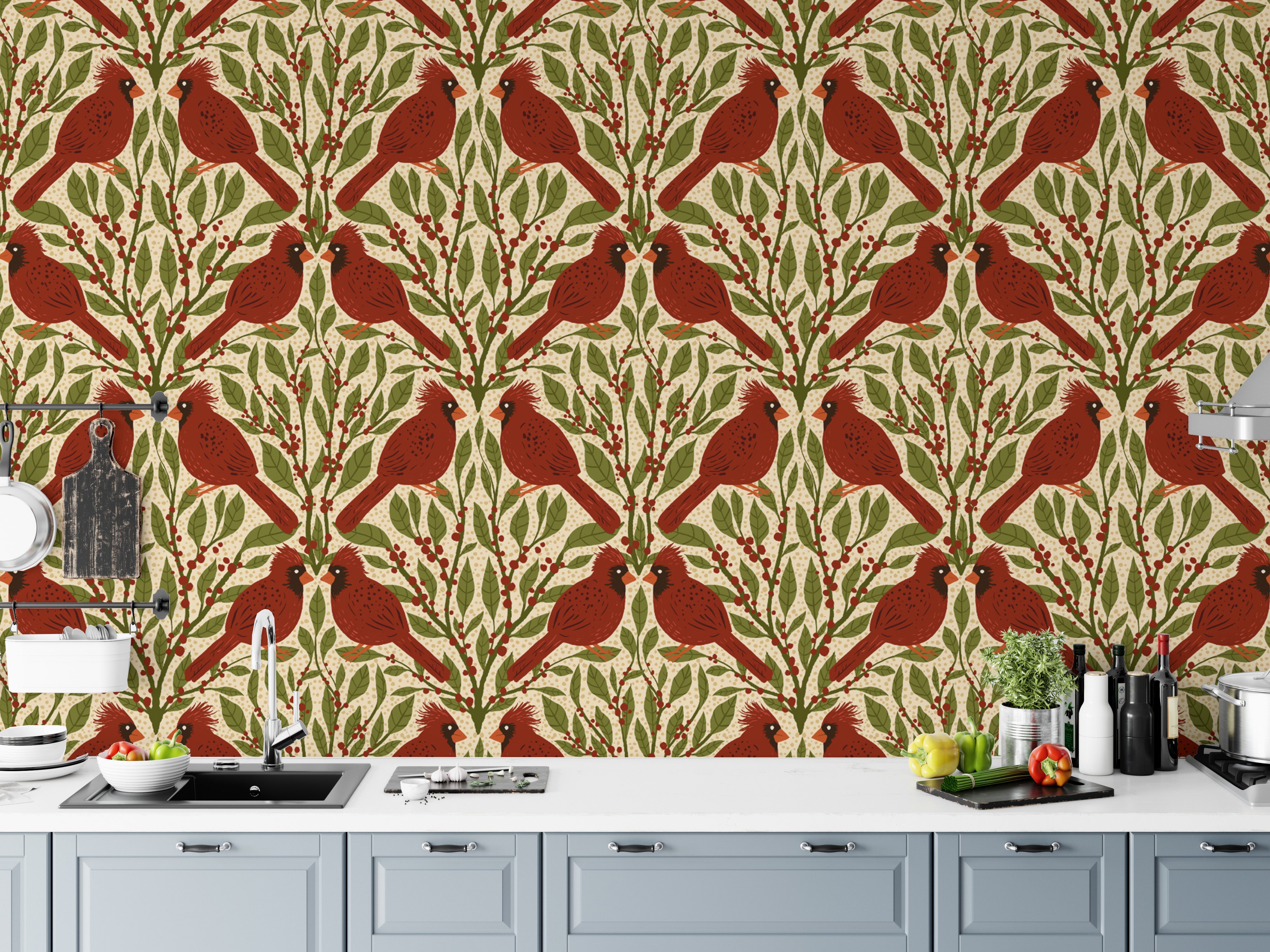 Stunning red cardinals mural for vintage-style accent walls.
