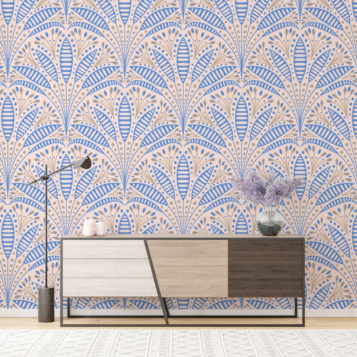 Luxurious Art Deco blue palm wallpaper with subtle geometric accents.
