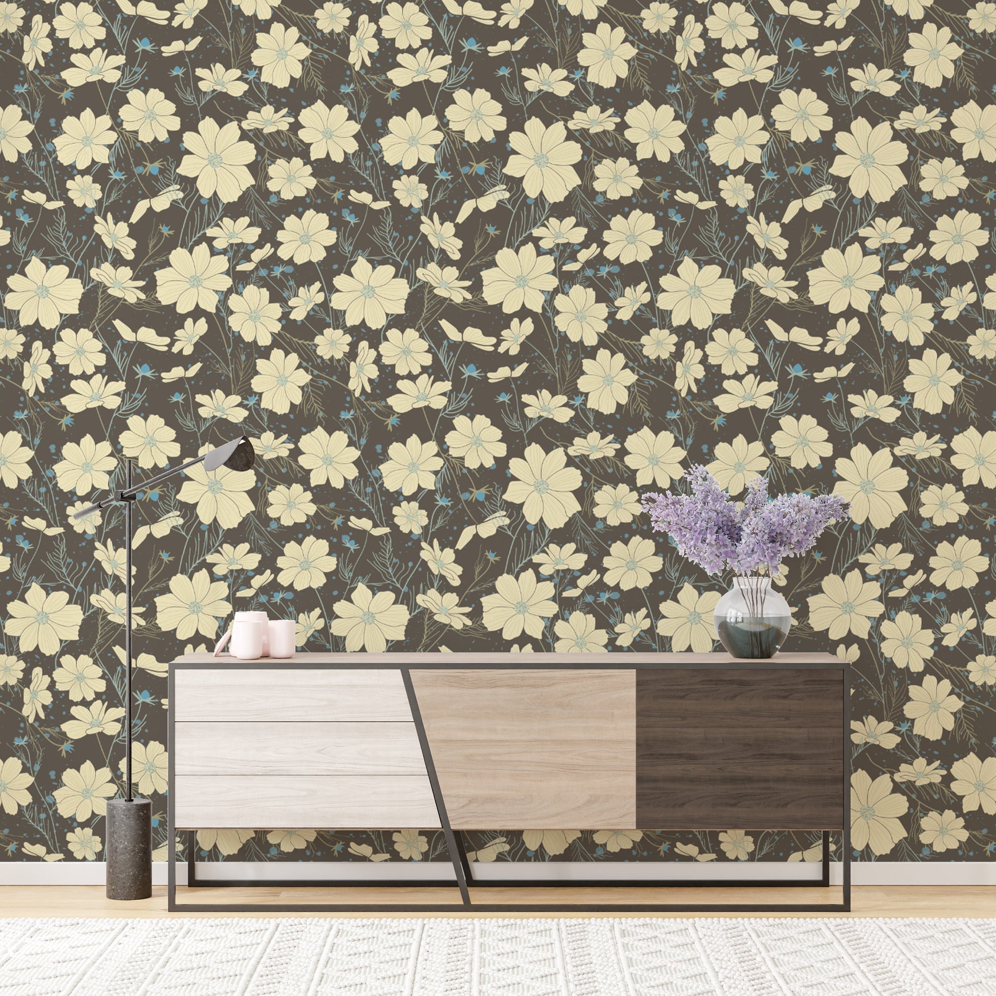 Modern cosmos flower wallpaper in a chic gray palette.
