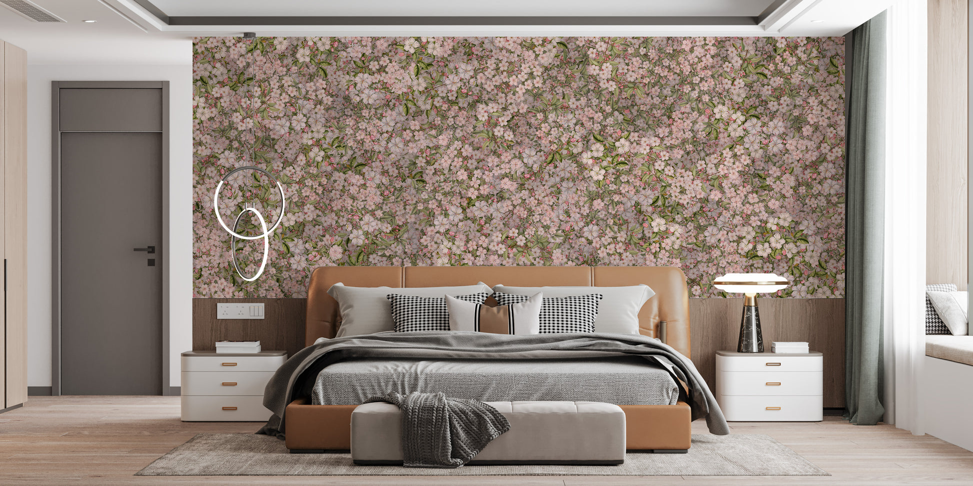 Soft green leaves with cherry blossom mural design
