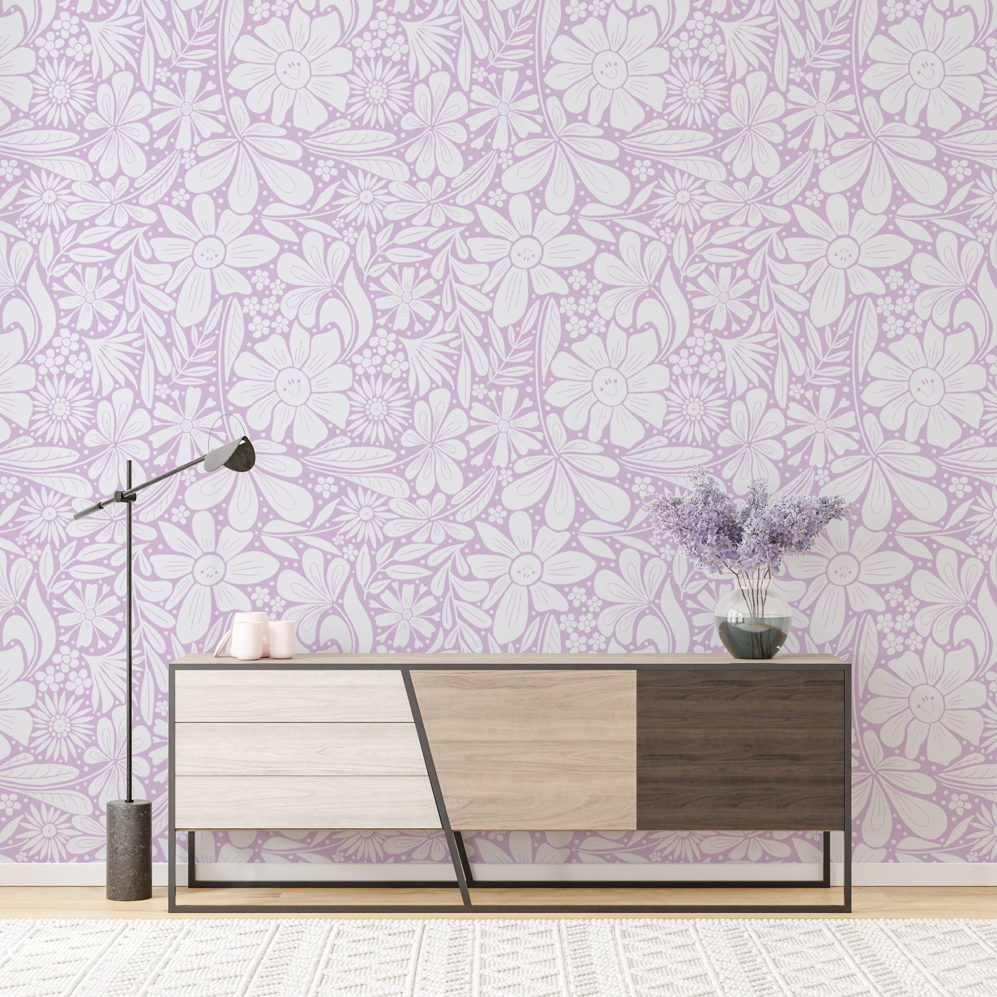 Soft and serene happy blooms wallpaper in a lilac hue.
