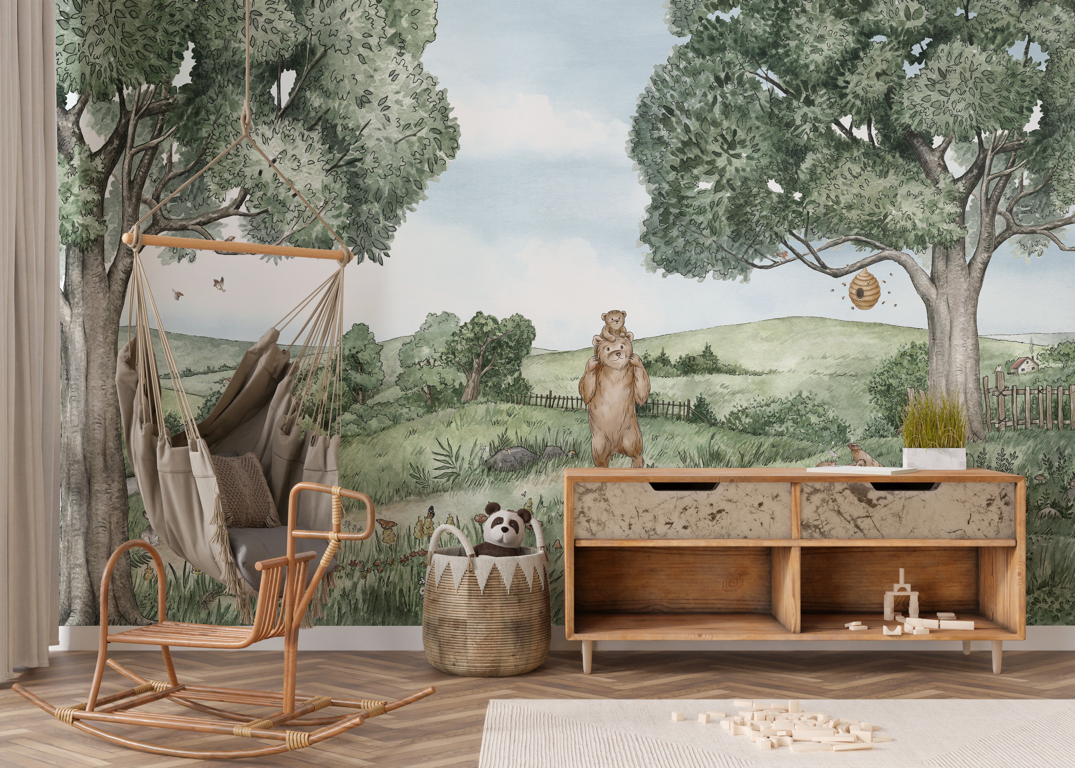 Playful bear and bees mural in a nature-inspired wallpaper