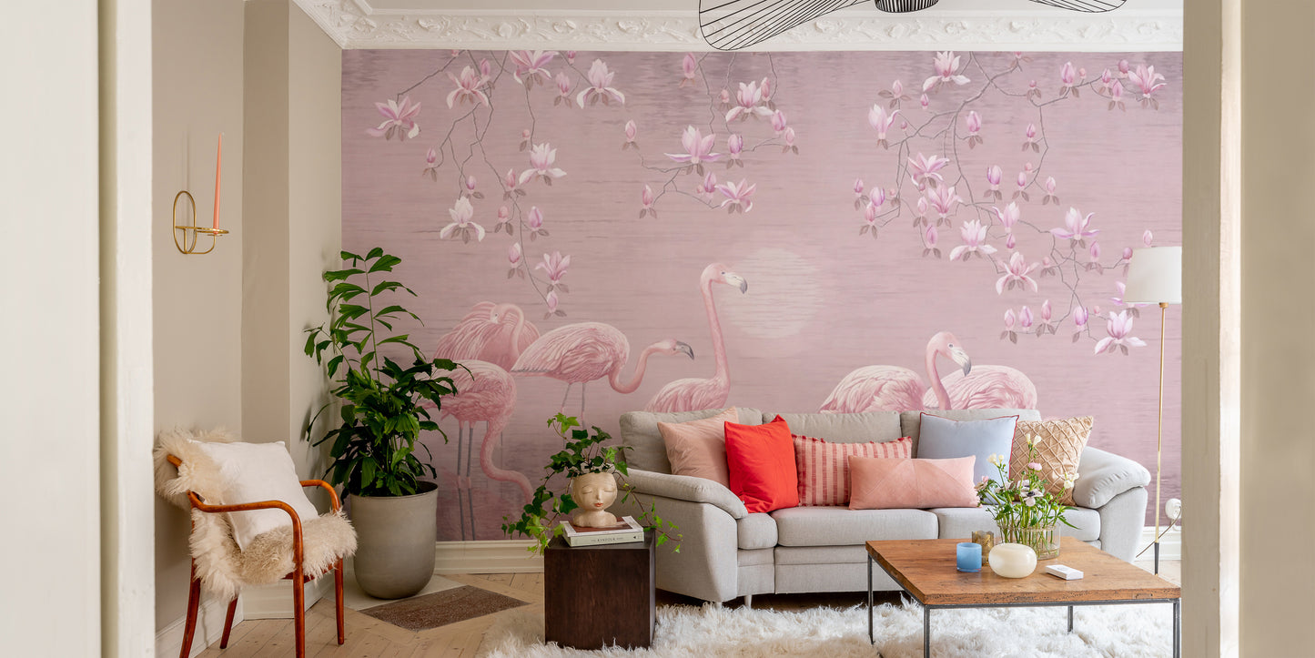 Luxurious pink magnolia wall mural with flamingos