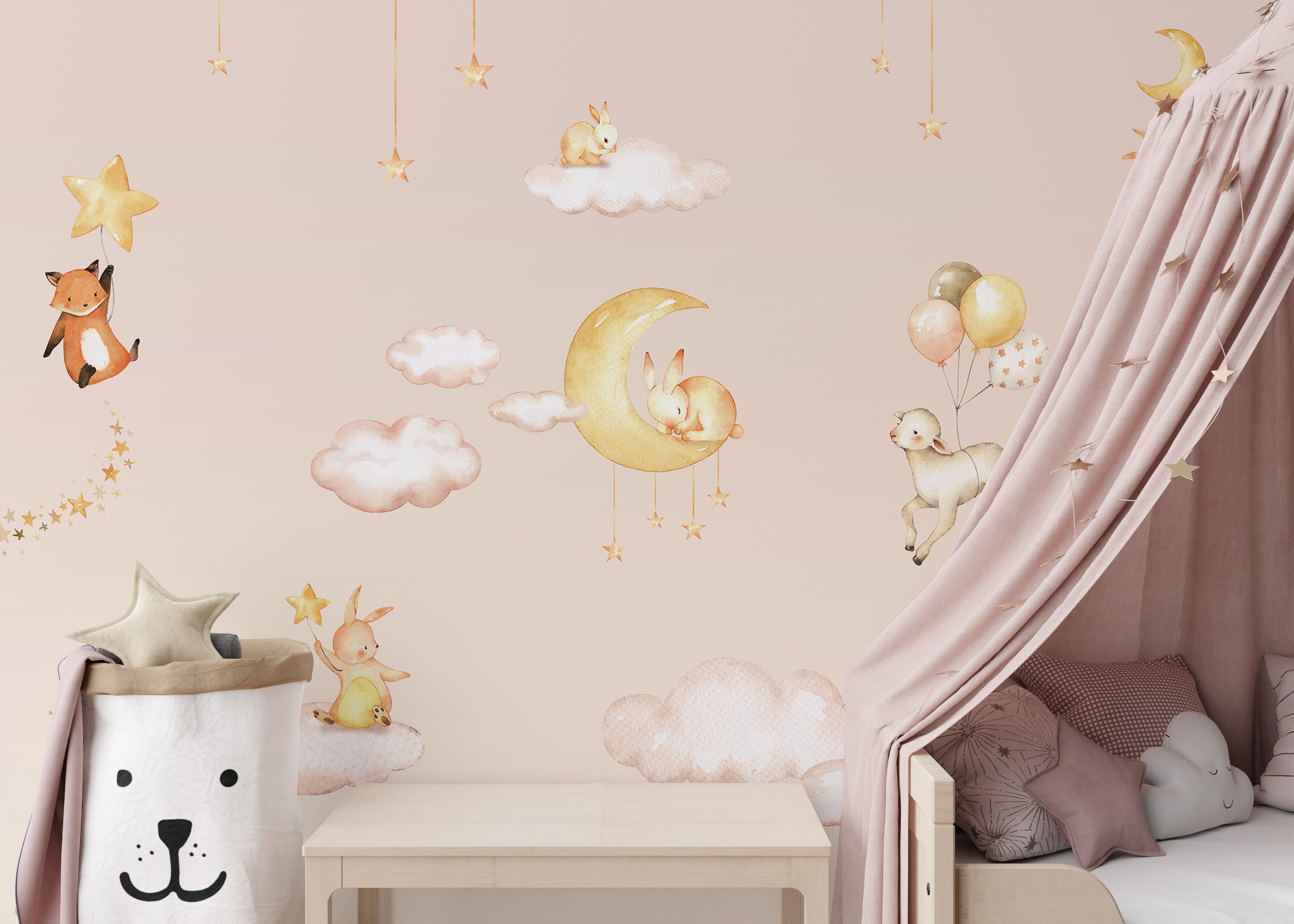 Pink Sweet Dreams wallpaper with stars, moon, and foxes