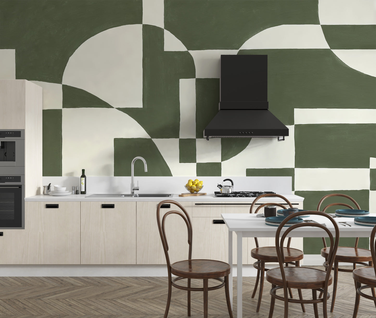 Elegant emerald geometric wallpaper for chic, contemporary interiors.