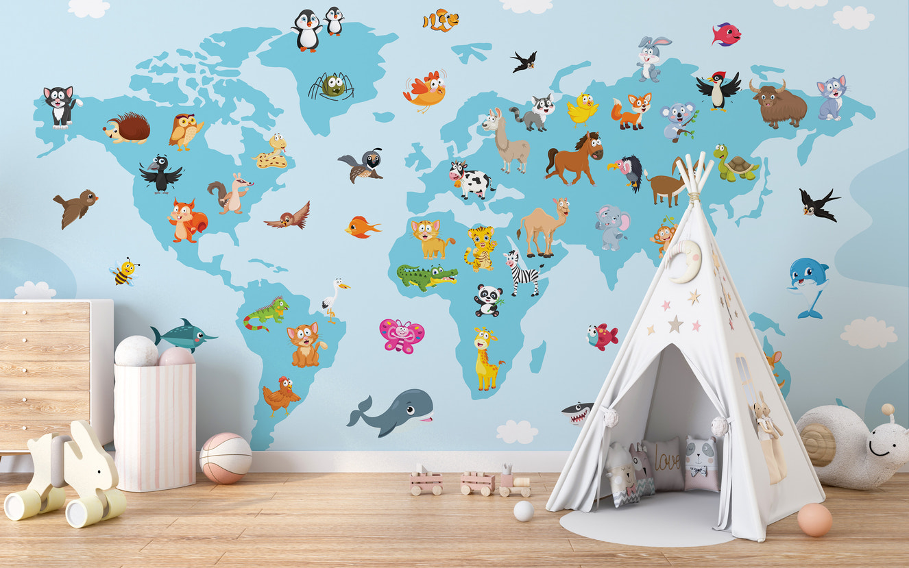 Vibrant animal world map wallpaper for kids' learning spaces.
