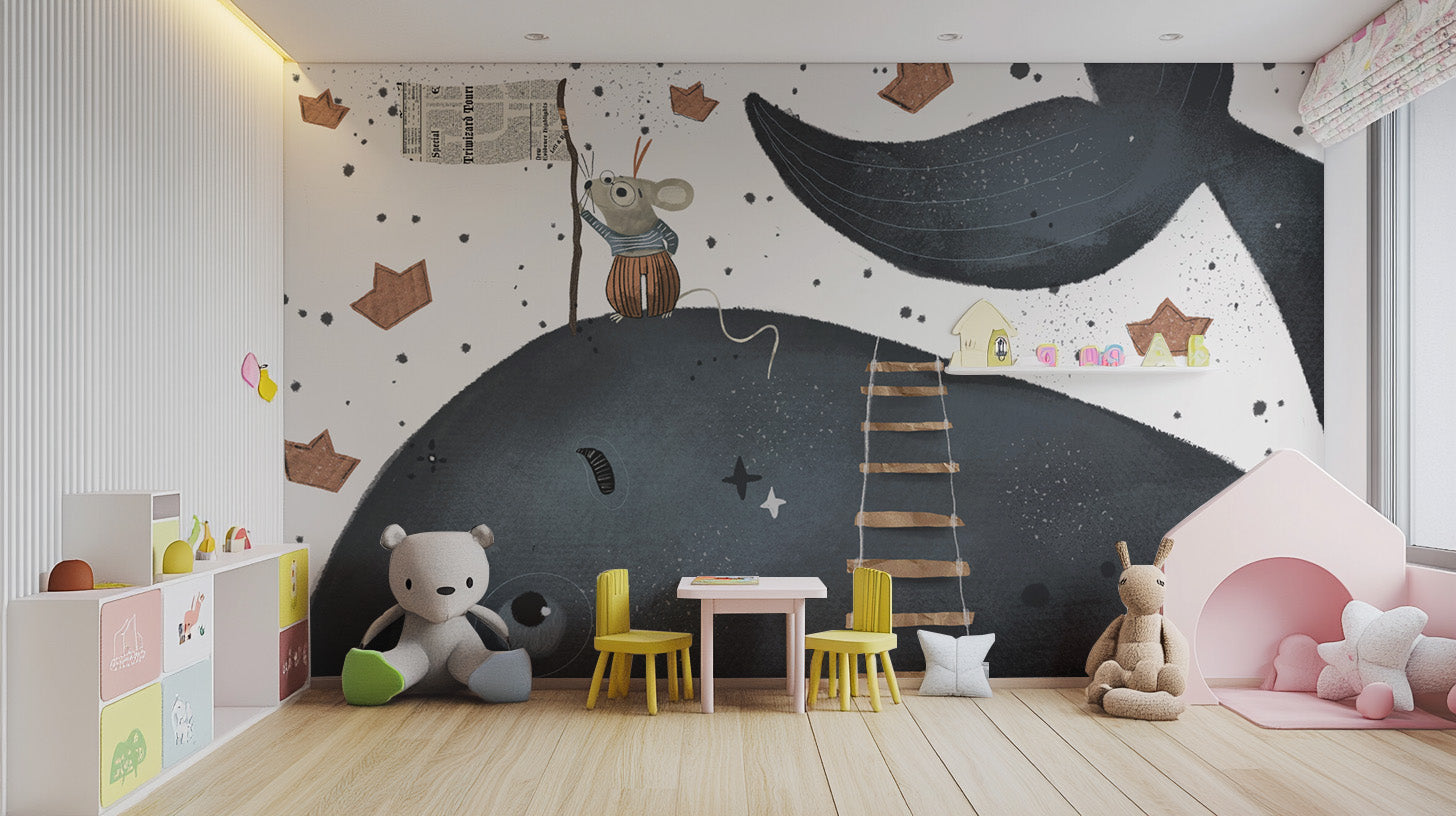 Deep blue wall mural combining behemoth and playful rats.