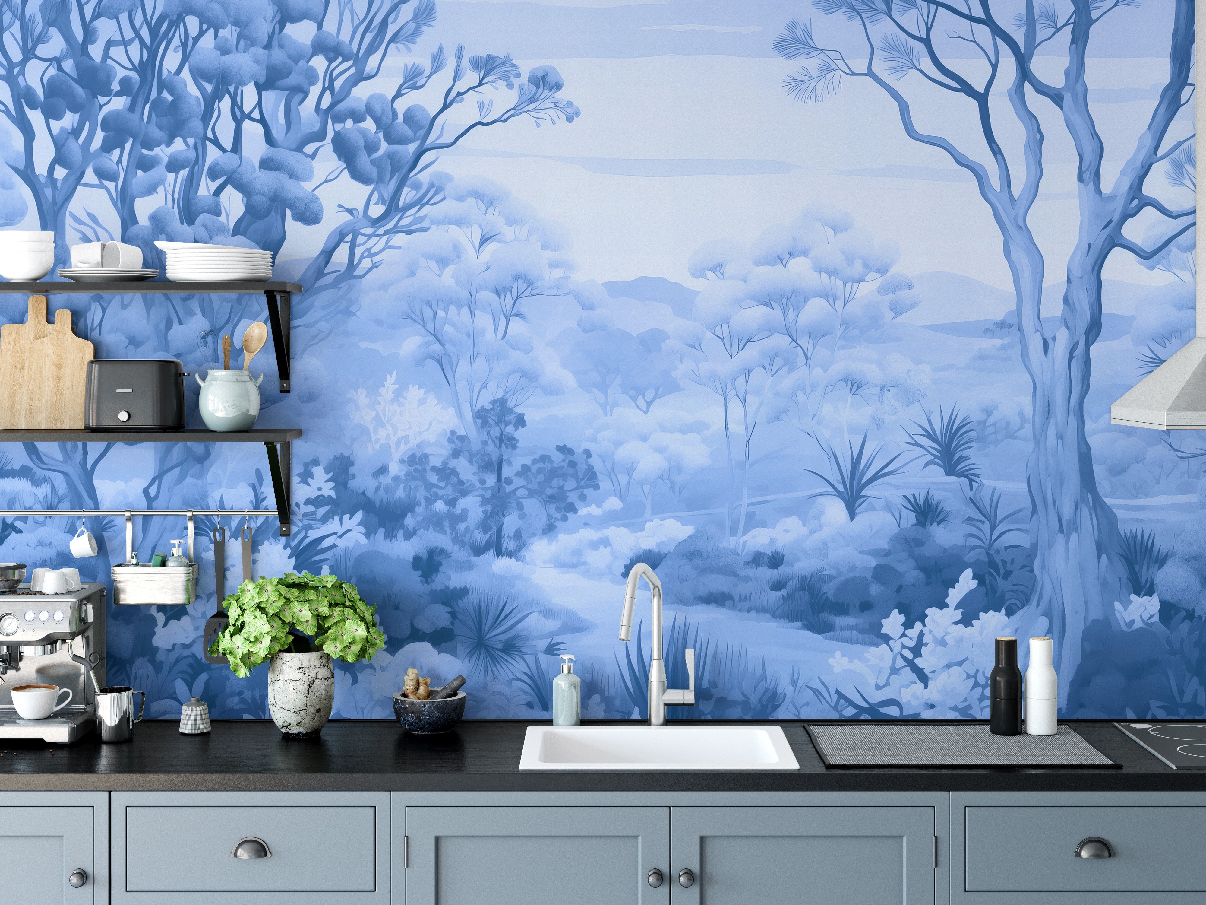 Refresh your walls with a beautiful autumn forest blue wallpaper mural.