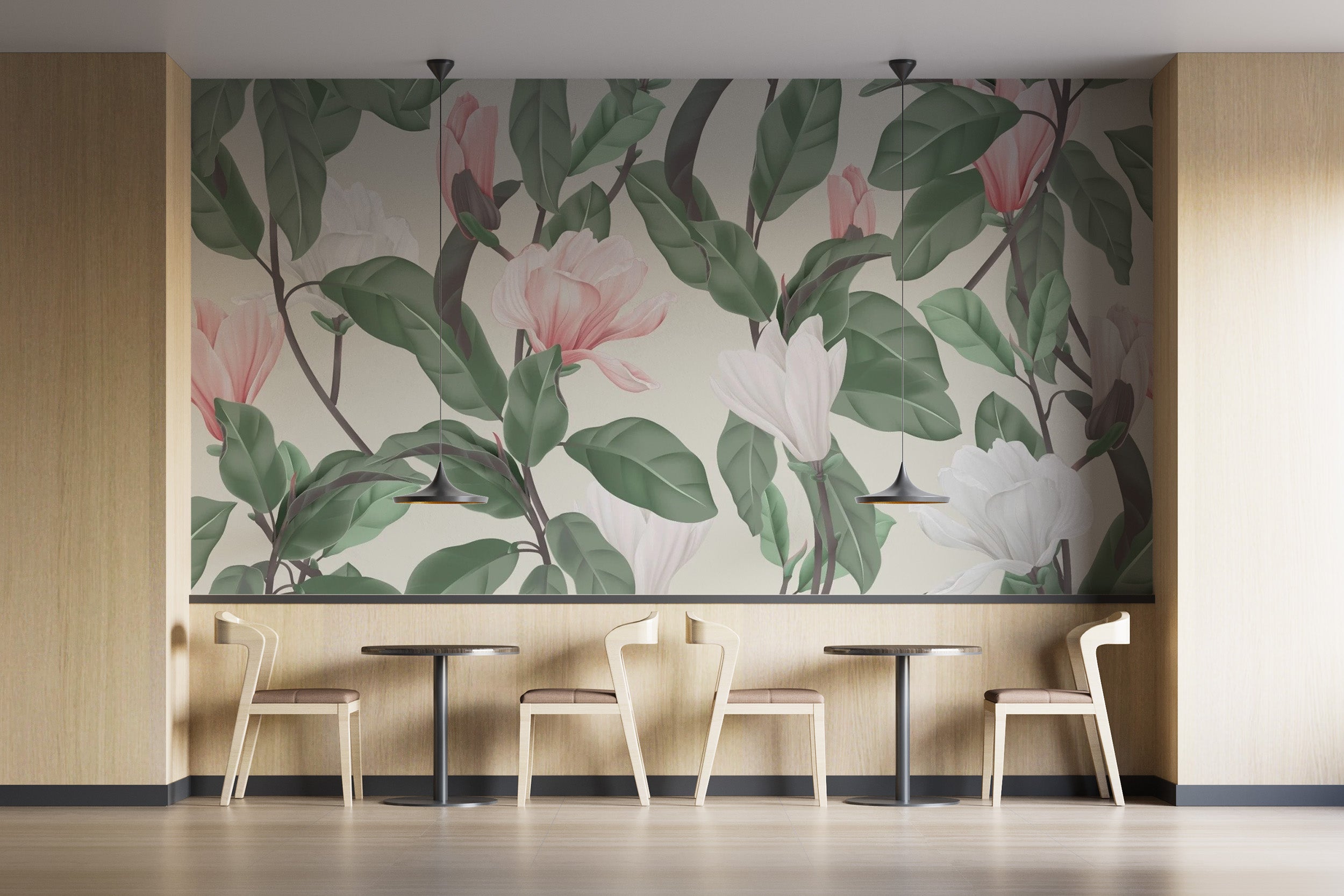 White and pink magnolia flower mural design
