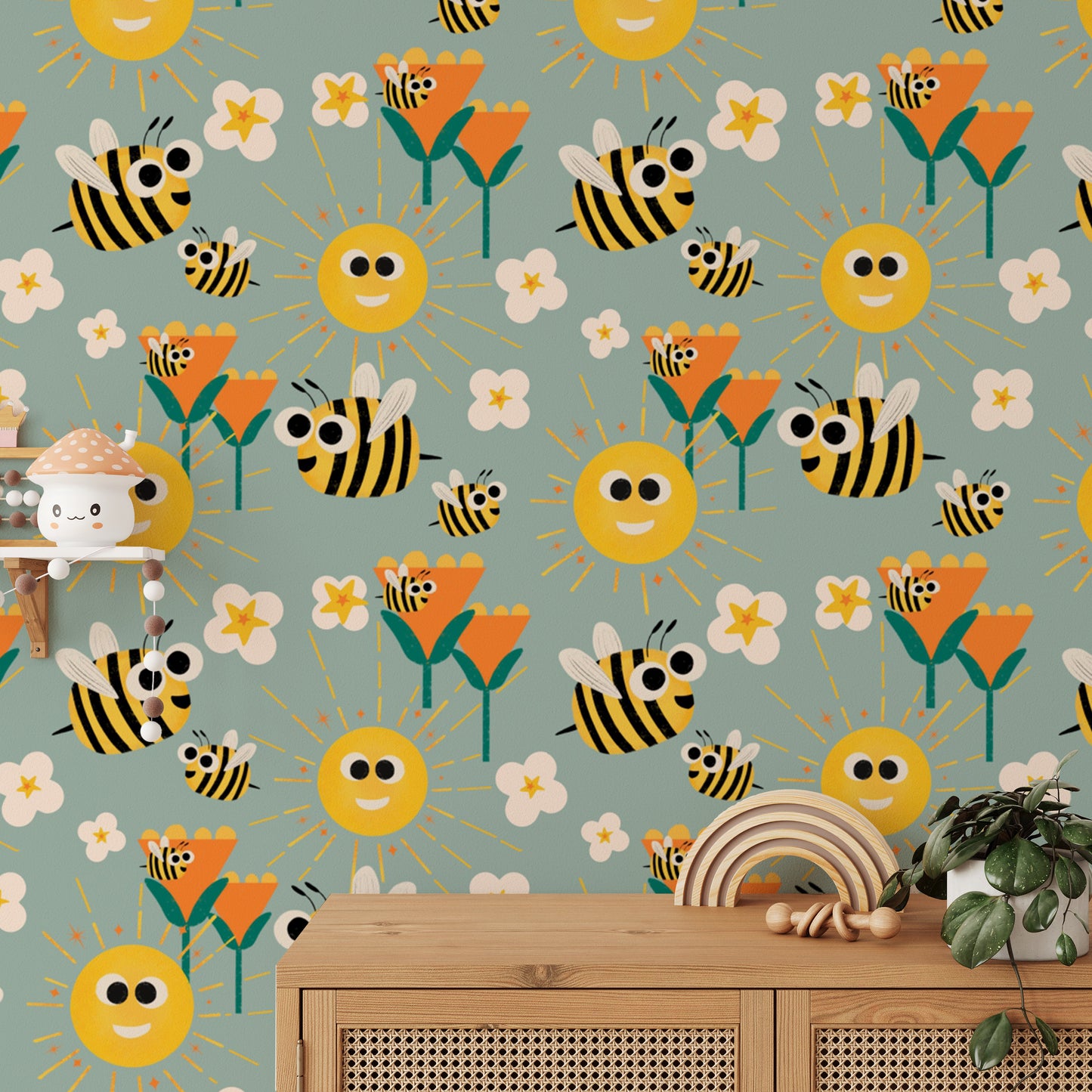 Cheerful bees and sunshine on blue wallpaper
