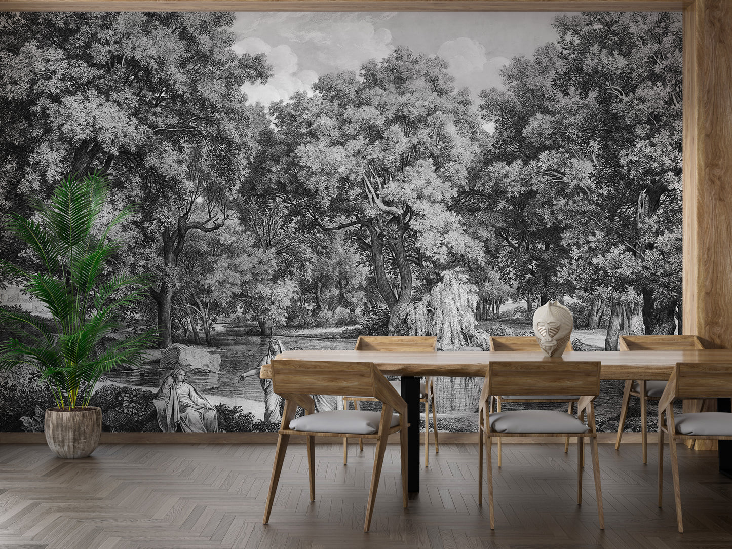 Nature-inspired black and white mural scene
