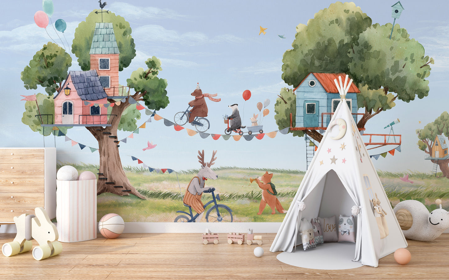 Treehouse party wallpaper for kids room