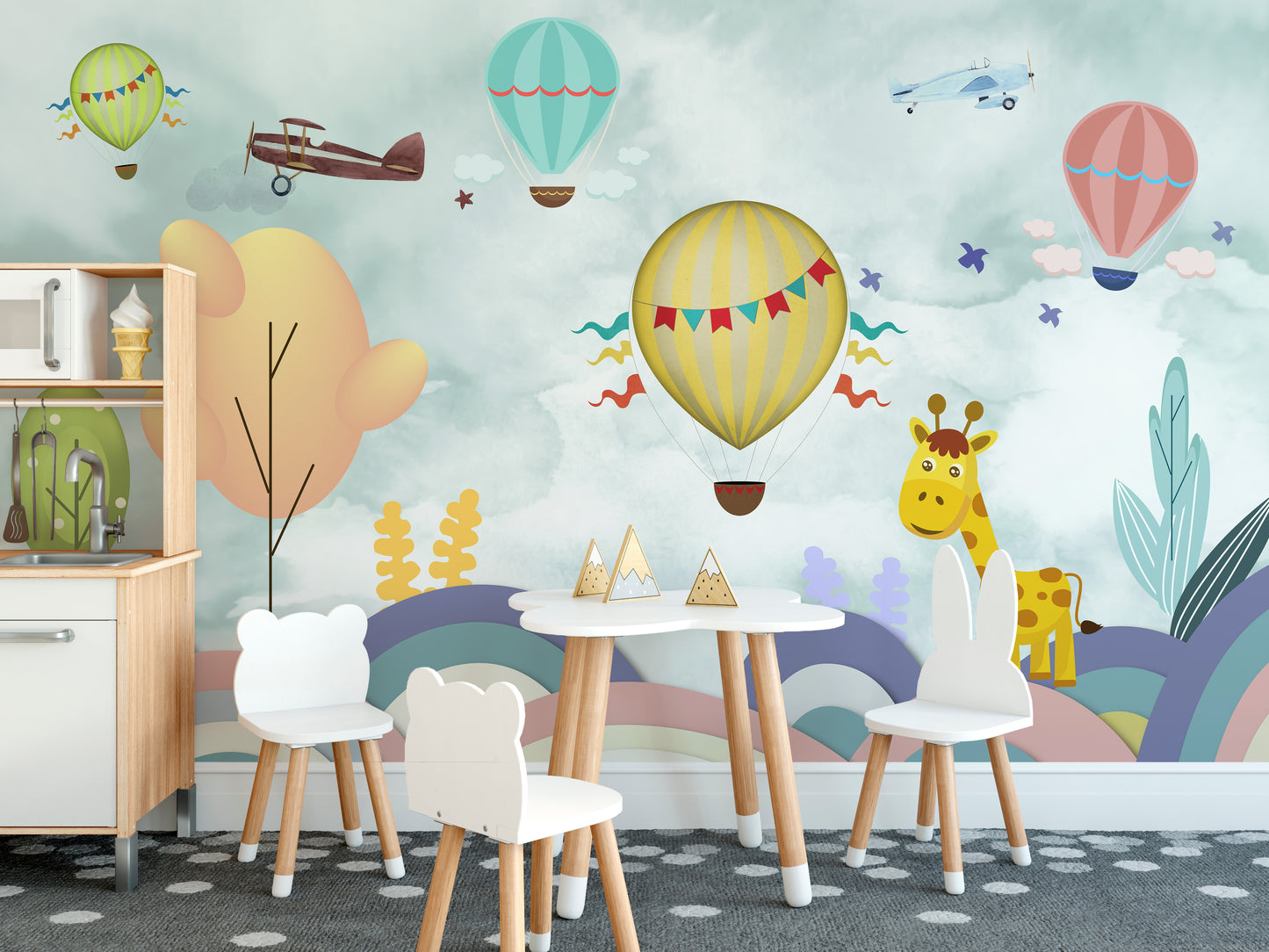 Hot Air Balloon Cartoon Kids Room Wallpaper Mural