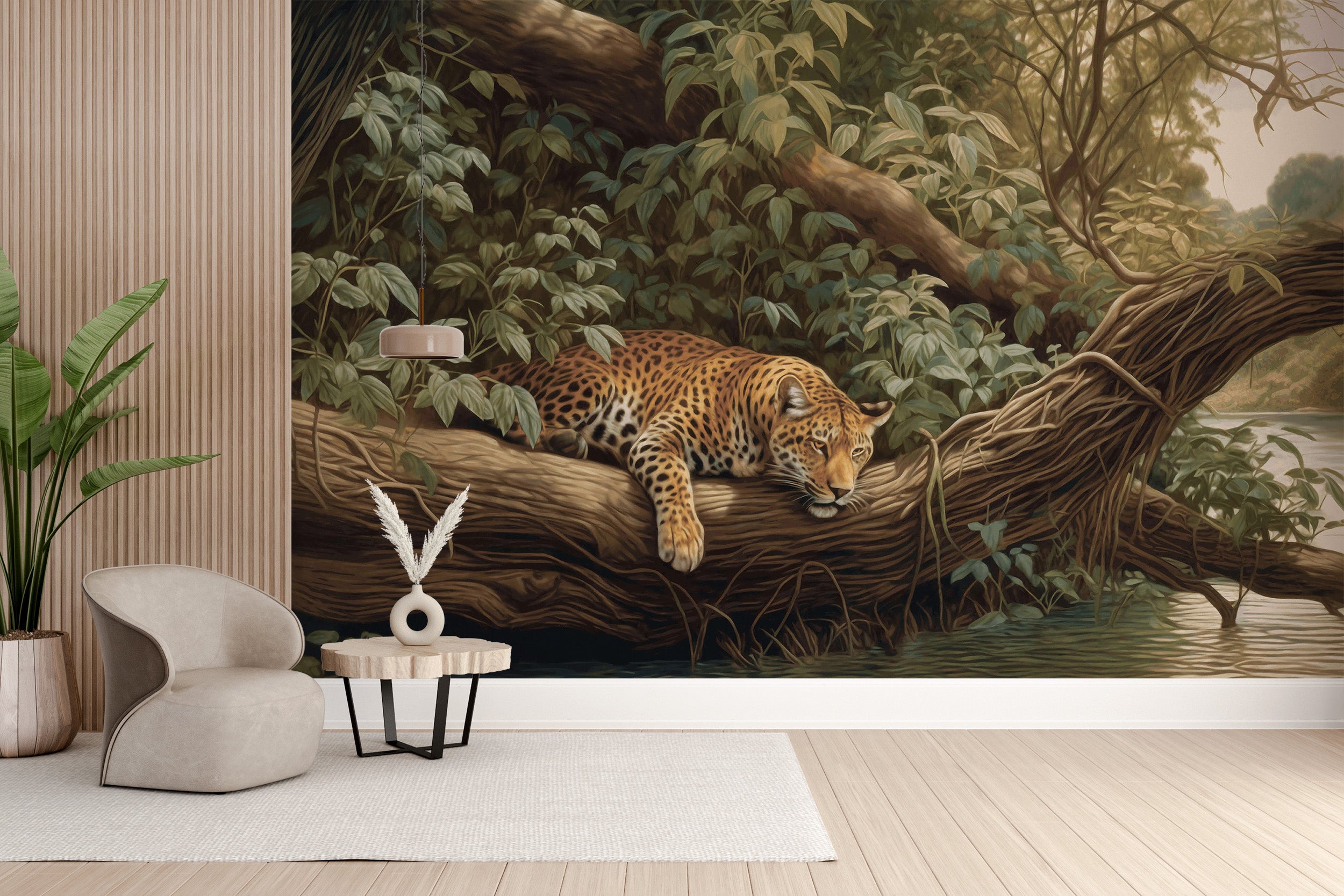 Leopard lounging in jungle wallpaper design
