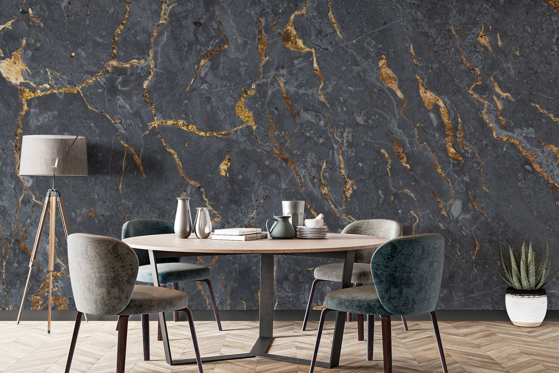 Black marble mural with golden streaks
