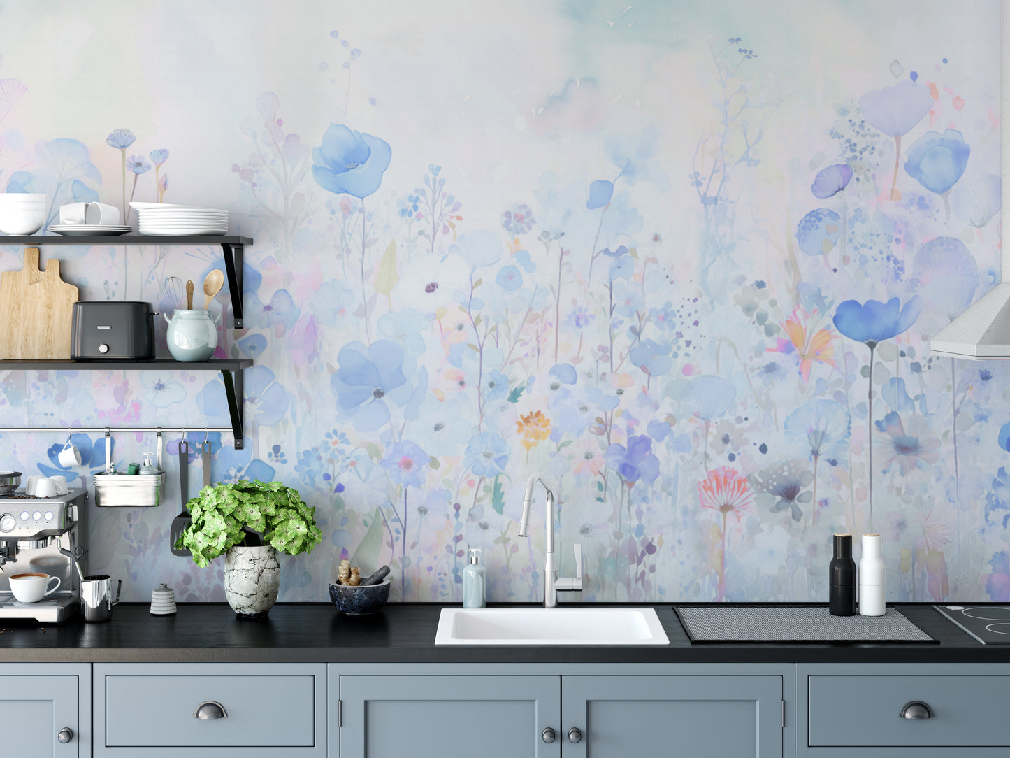 Watercolor Happy Flowers Blue Wallpaper