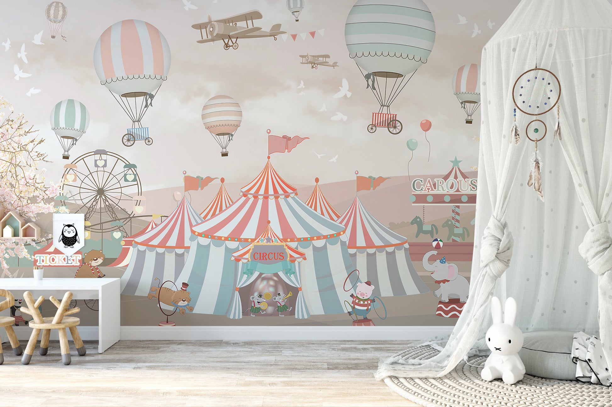 Pink circus wallpaper mural for kids' rooms
