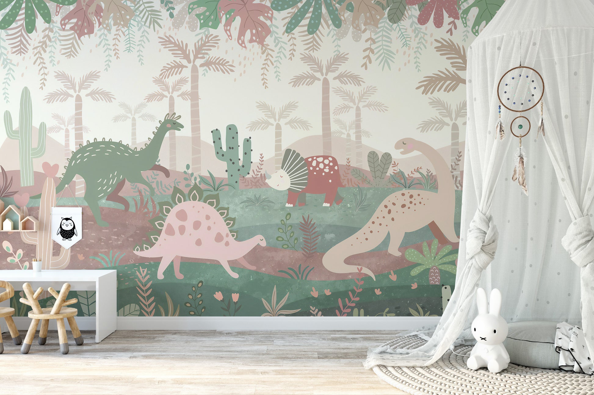 Fun dinosaur-themed wall mural in colors
