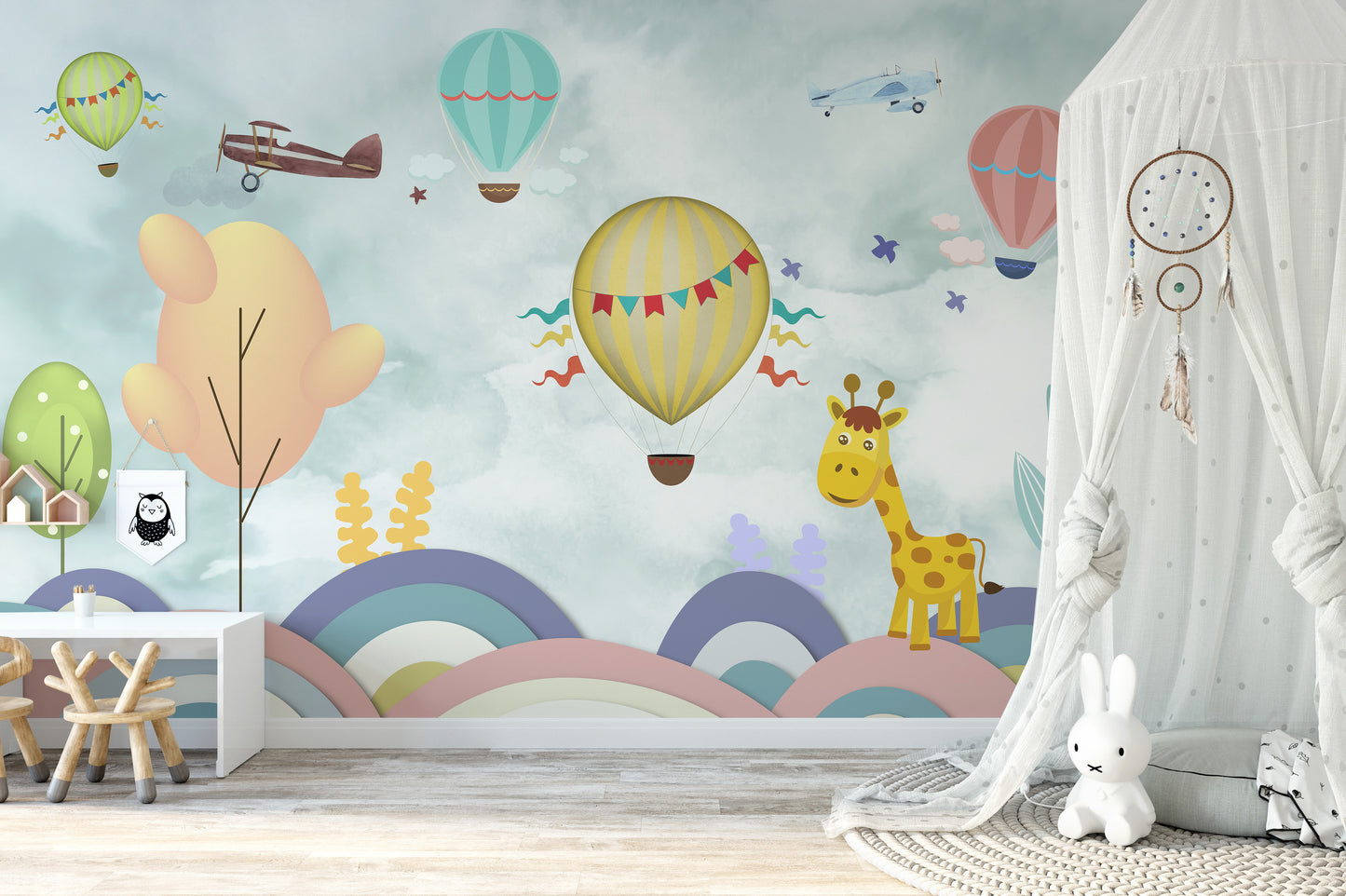 Hot Air Balloon Cartoon Kids Room Wallpaper Mural